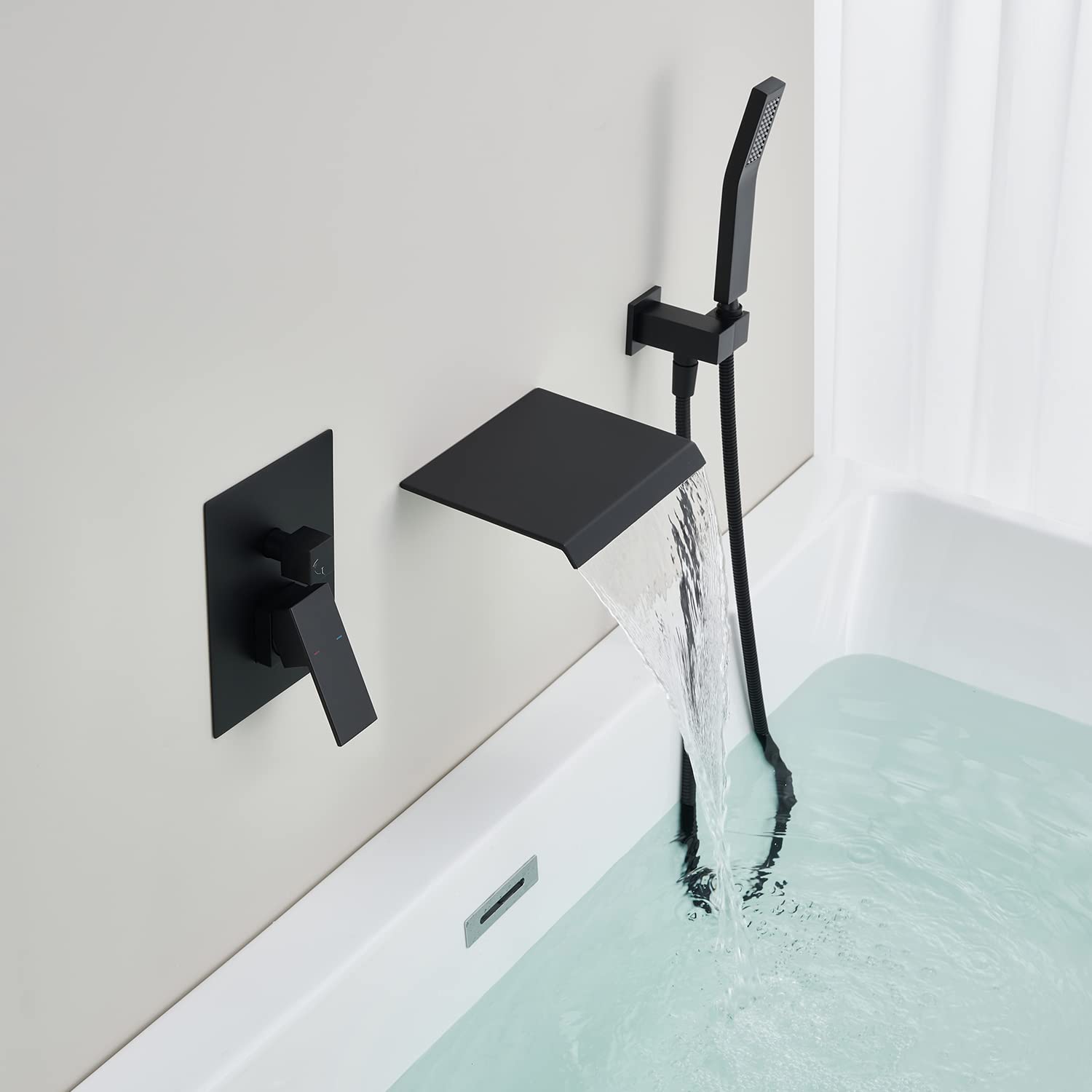 Wowkk Grifo romano bañera pared cascada negro monomando latón ducha mano