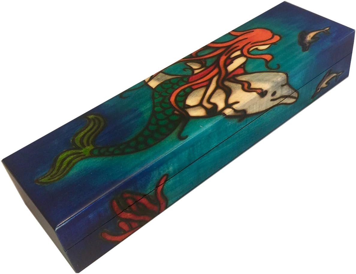Siren Mermaid with Dolphins Wooden Box Pencil Holder Case Box Polish Handmade Kids Keepsake Art Craft Organizer