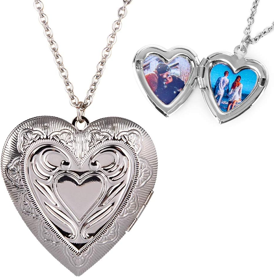 Fanery Sue Personalized Large Heart-shape Locket With 2 Picture Inside Engraved Pendant Memorial Necklace Customizable Any Photo Text&Symbols for Women