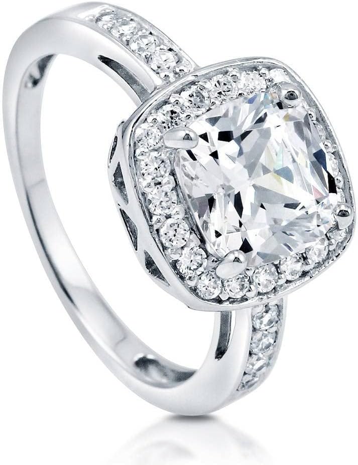 BERRICLE Sterling Silver Halo Wedding Engagement Rings Cushion Cut Cubic Zirconia CZ Ring for Women, Rhodium Plated