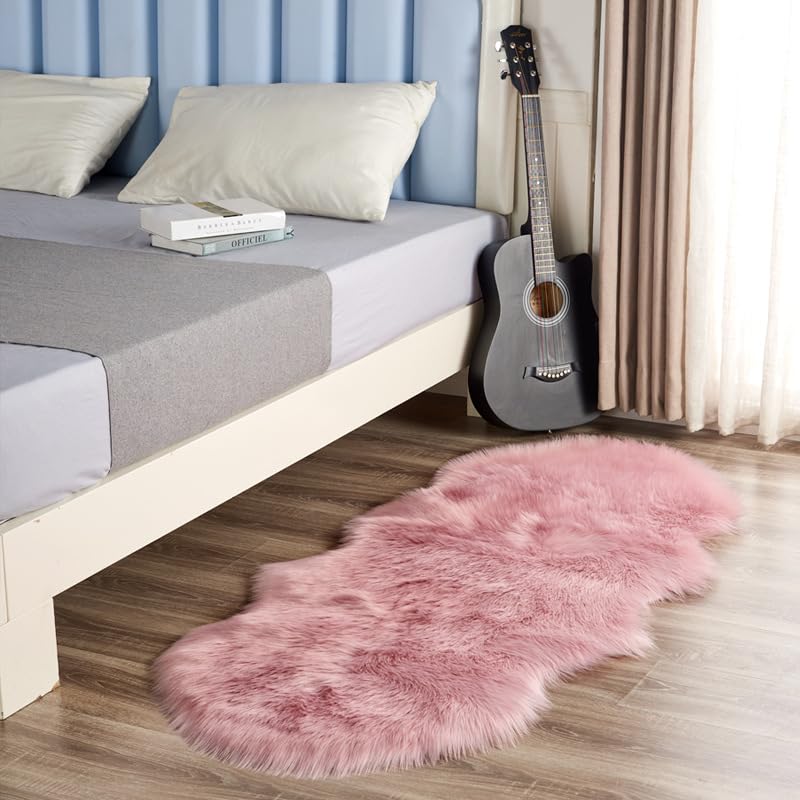 Plush Faux Sheepskin Rug-Ultra,Soft Fluffy Bedside Carpet,Non-slip Washable Floor Mat,Modern Decorative Beige/Red/Pink/Grey Rug for Bedroom Living Room Deep Pile Rugs,Pink,100 * 60cm