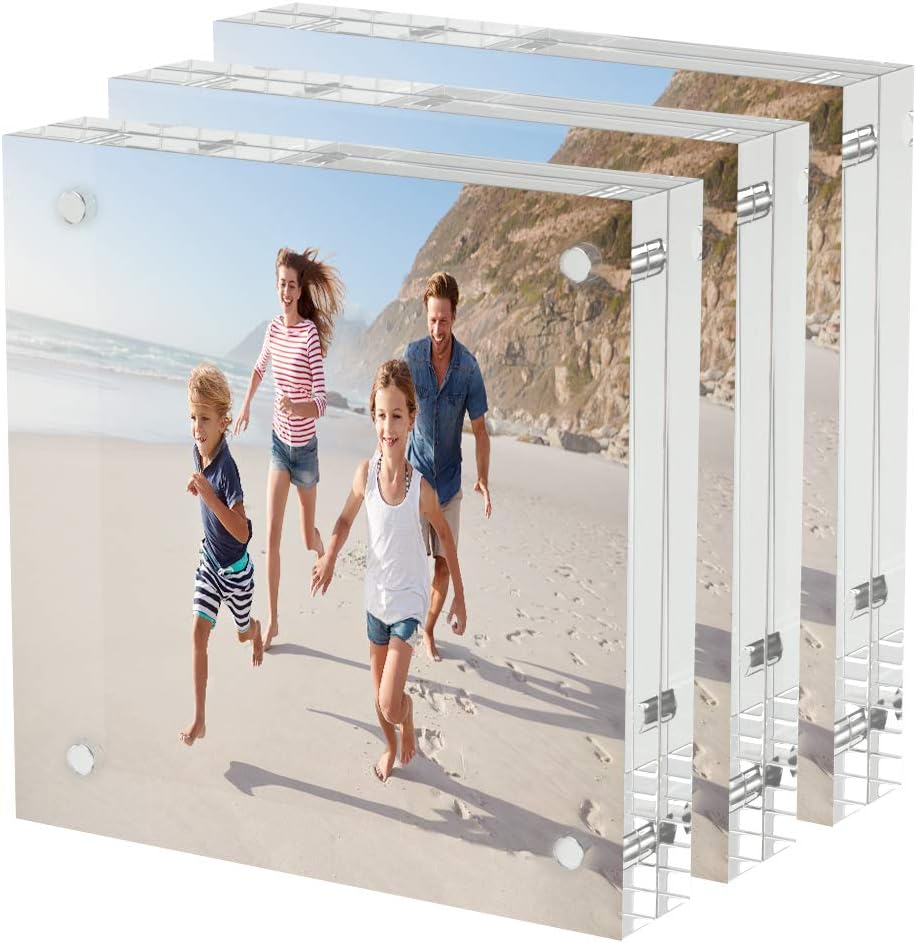 AITEE 4x4 Acrylic Picture Frames 3 Pack, 20% Thicker Block, Clear Picture Frames Freestanding Double Sided Magnetic Acrylic Lucite Frameless Transparent Square Frame Gift for Desktop Display