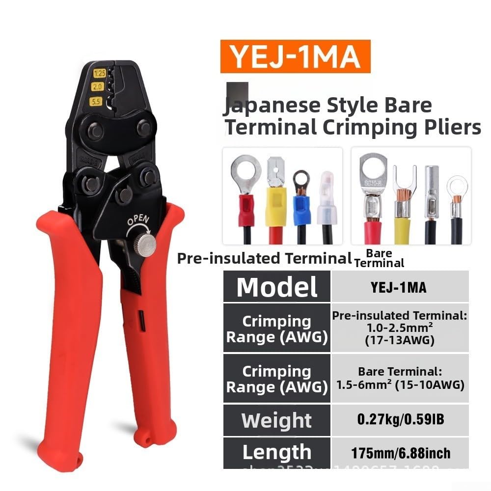 Crimpadora de Terminales con Mecanismo de Carraca para Cables 0.25-10mm² Alicates de Crimpado Ajustables para herramienta para profesional Taller Automotriz 18x7cm(1MA)