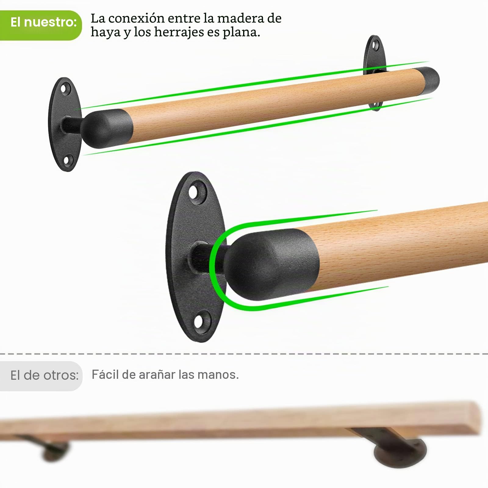 Insaga Pasamanos de madera, barandilla de escalera de 41 cm, barandilla montada en la pared, 3,3 cm, mango redondo antideslizante, barra de agarre de seguridad para interiores y exteriores, agarre de