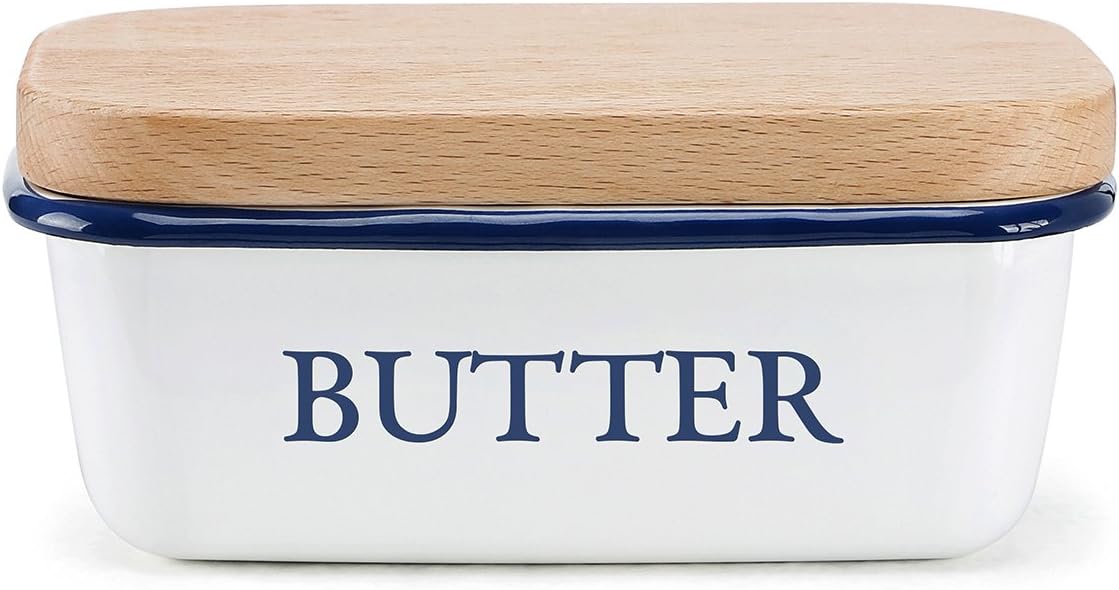 Homelet Butter Dish - Enamel Keeper Unbreakable Butter Boat Container with Beechwood Lid for Kitchen, White