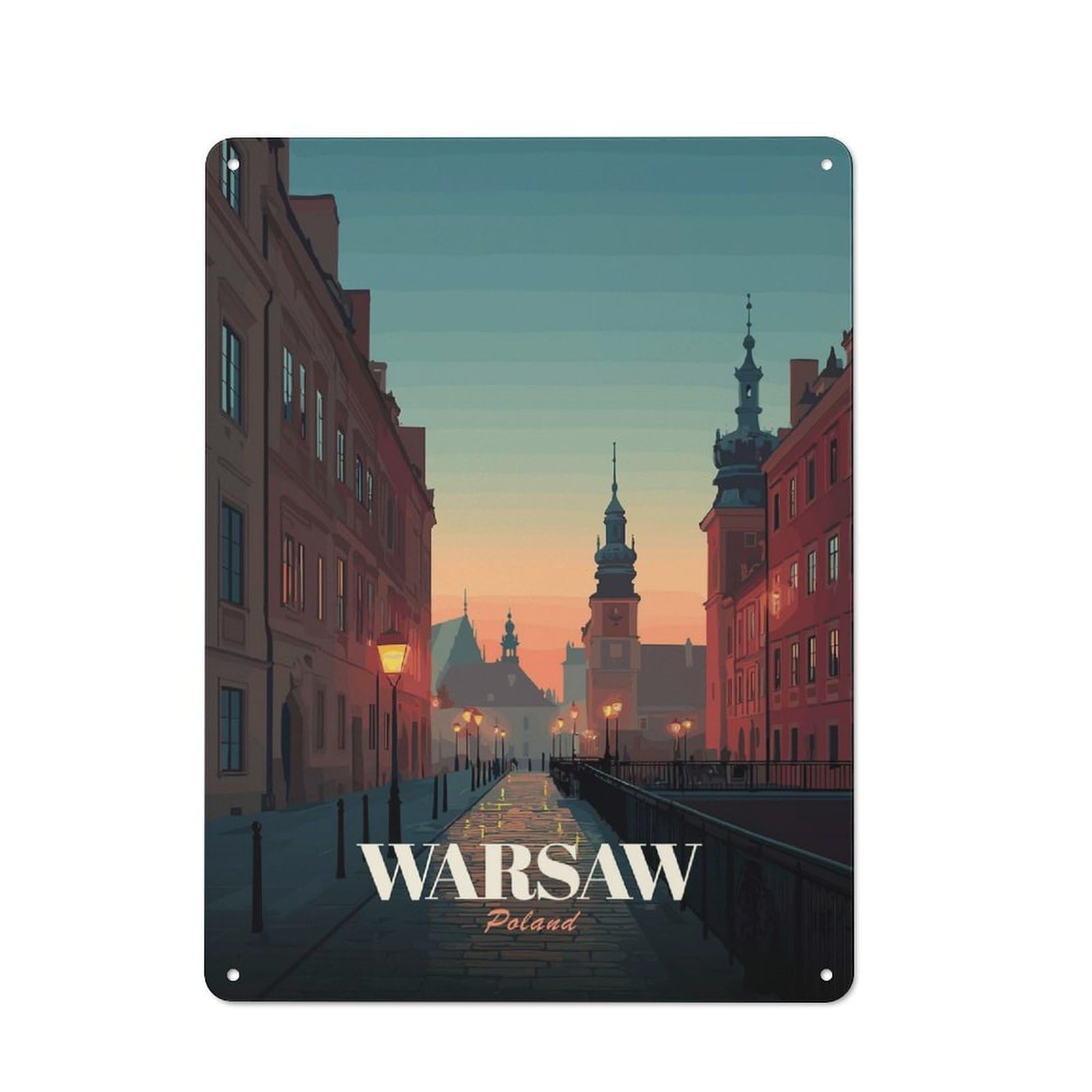 Warsaw, Poland Cityscape at Dusk Decorative Metal Plaque 40x30cm, Shop Front Style Bistro Wall Plaque for Tea Room, Shop Wall Or Breakfast Area
