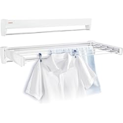 Tendedero Extensible 70 Cm Leifheit Tendedero de pared Telegant 36 Protect Plus, tendedero extensible de diseño compacto, tendedero de ropa plegable ideal para baño o balcón, Color Blanco, 3.6 m con toallero