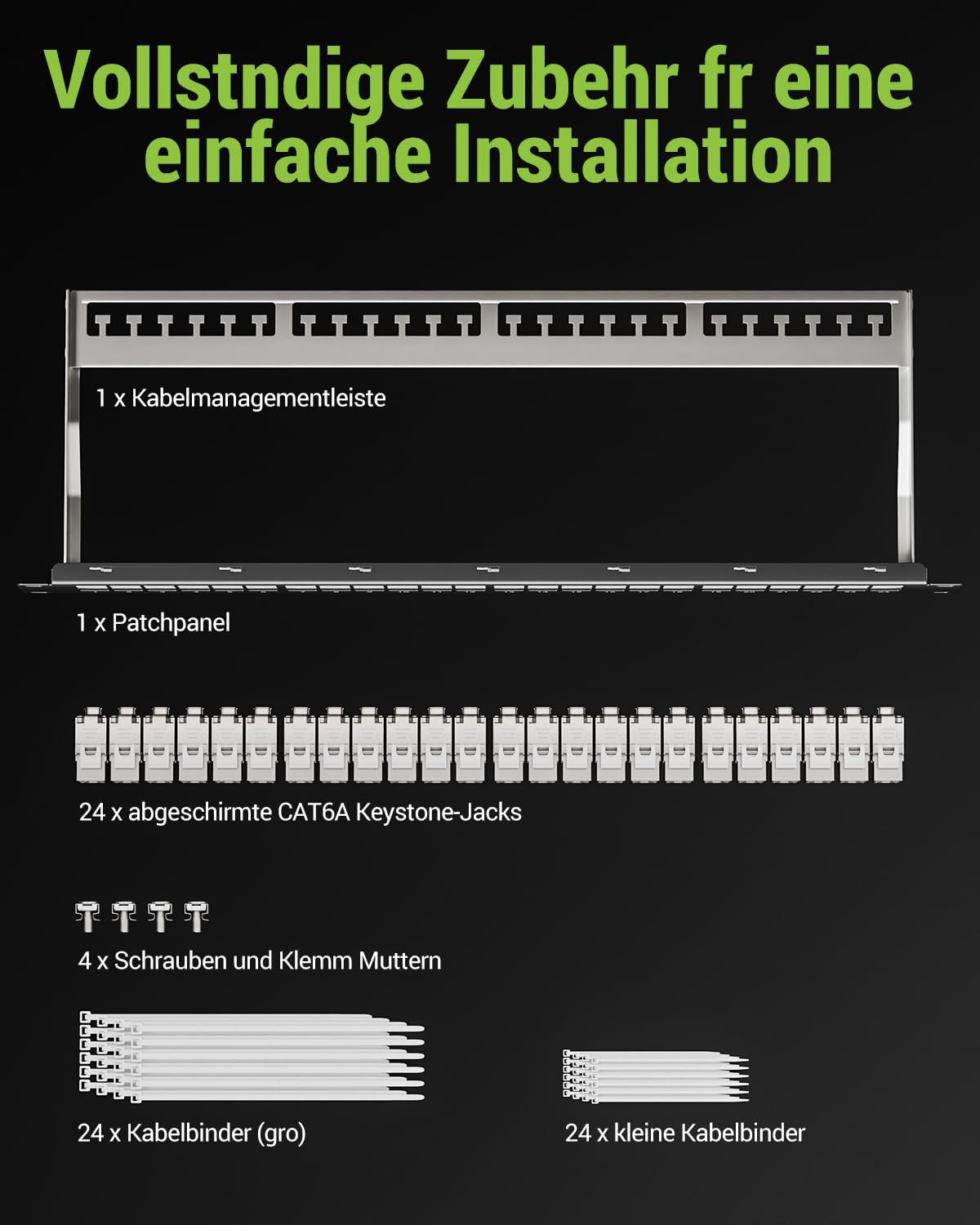 Geschirmtes 24 Port CAT6A Patchpanel mit 24 x Cat6A Keystone Jack | 10 Gbit/s 500MHz, Vergoldet Keystone Patchpanel 19 Zoll patchpanel mit EMI/RFI-Schutz und Kabelmanagement-Kit