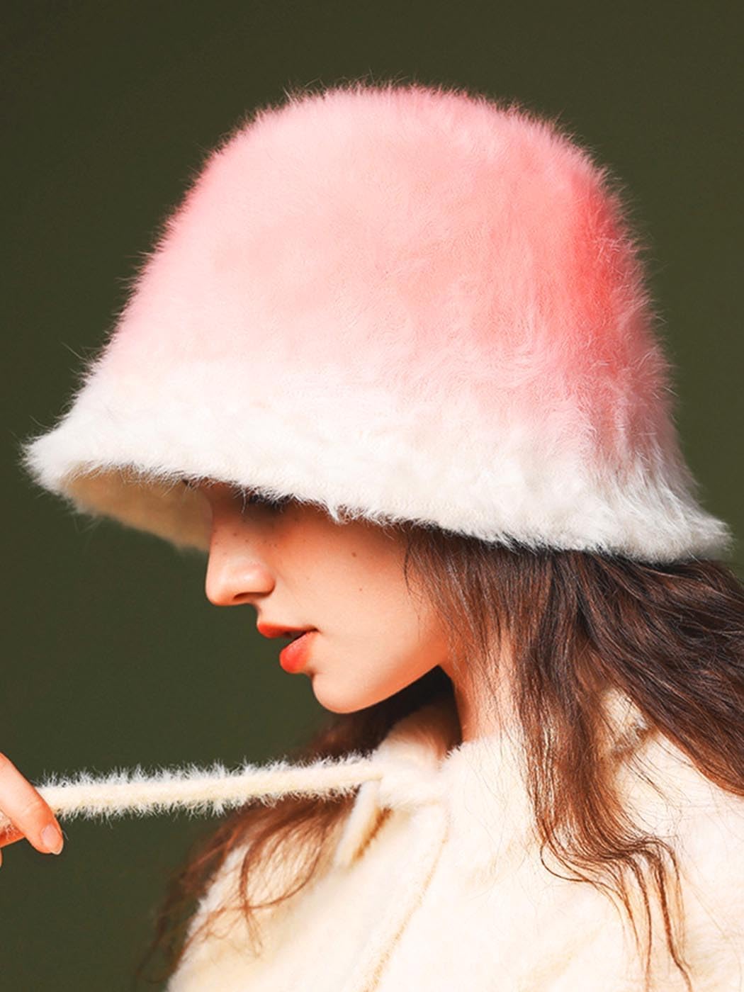 Urieo Winter Faux Fur Fuzzy Bucket Hat Fluffy Pink Warm Hats Furry Plush Fisherman Cap for Women - Image 3