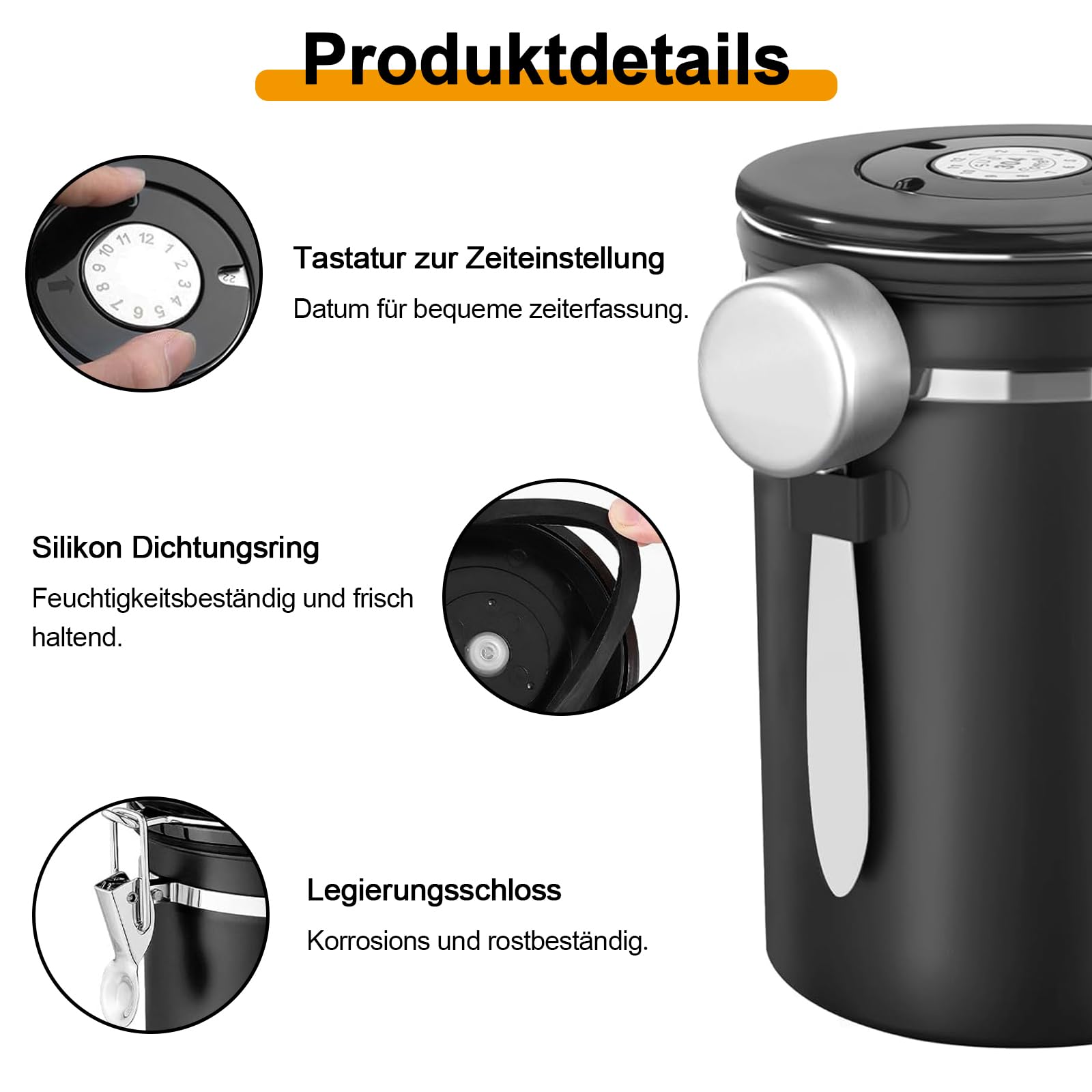 Kaffeedose Luftdicht aus Edelstahl, 1,8L Kaffeedose Luftdicht, Kaffeebohnen Behälter,Kaffee Dose,Mit Messlöffel und Datumsanzeige, für Kaffeebohnen Tee Nüsse Kakao Länger und Frisch,Weiß (Schwarz)