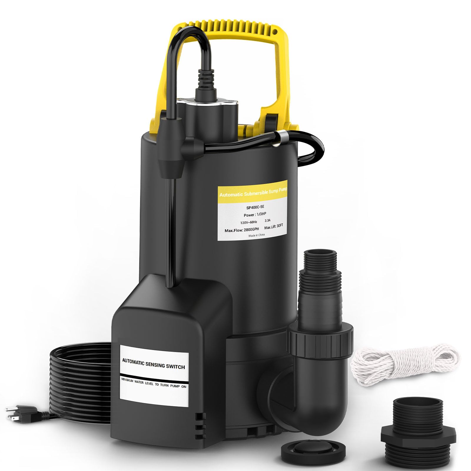 1 HP Automatic Submersible Water Pump, 3450 GPH Sump Pump Submersible Utility Pump with 3/4" Garden Hose Check Valve Adapter, High Flow Water Removal for Pool Draining Flooded Basement