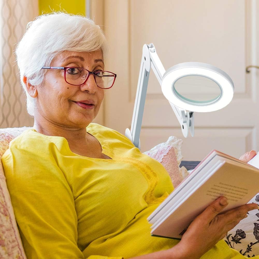 Lámpara Lupa LED con Luz de Trabajo - Lente de Vidrio de 105mm y 5 Dioptrías, Brazo Giratorio Premium, Luz Regulable de 3 Colores y Abrazadera para Mesa - Ideal para Trabajos de Precisión