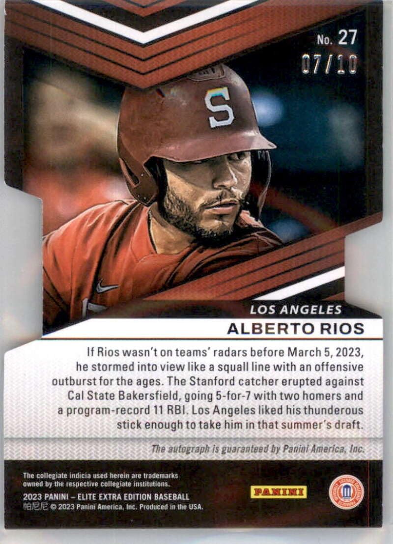2023 Panini Elite Extra Edition Signatures Status Die-Cut Gold #27 Alberto Rios Auto Autograph SER/10 Los Angeles Angels Official Pre MLB Rookie Prospect Baseball Card in Raw (NM or Better) Condition