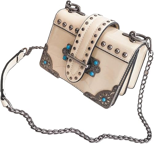 Amazon ラクエスト Laquest スタッズ チェーン ショルダー バッグ エナメル ターコイズ 装飾金具付き 斜め掛け レディース アイボリー ショルダーバッグ