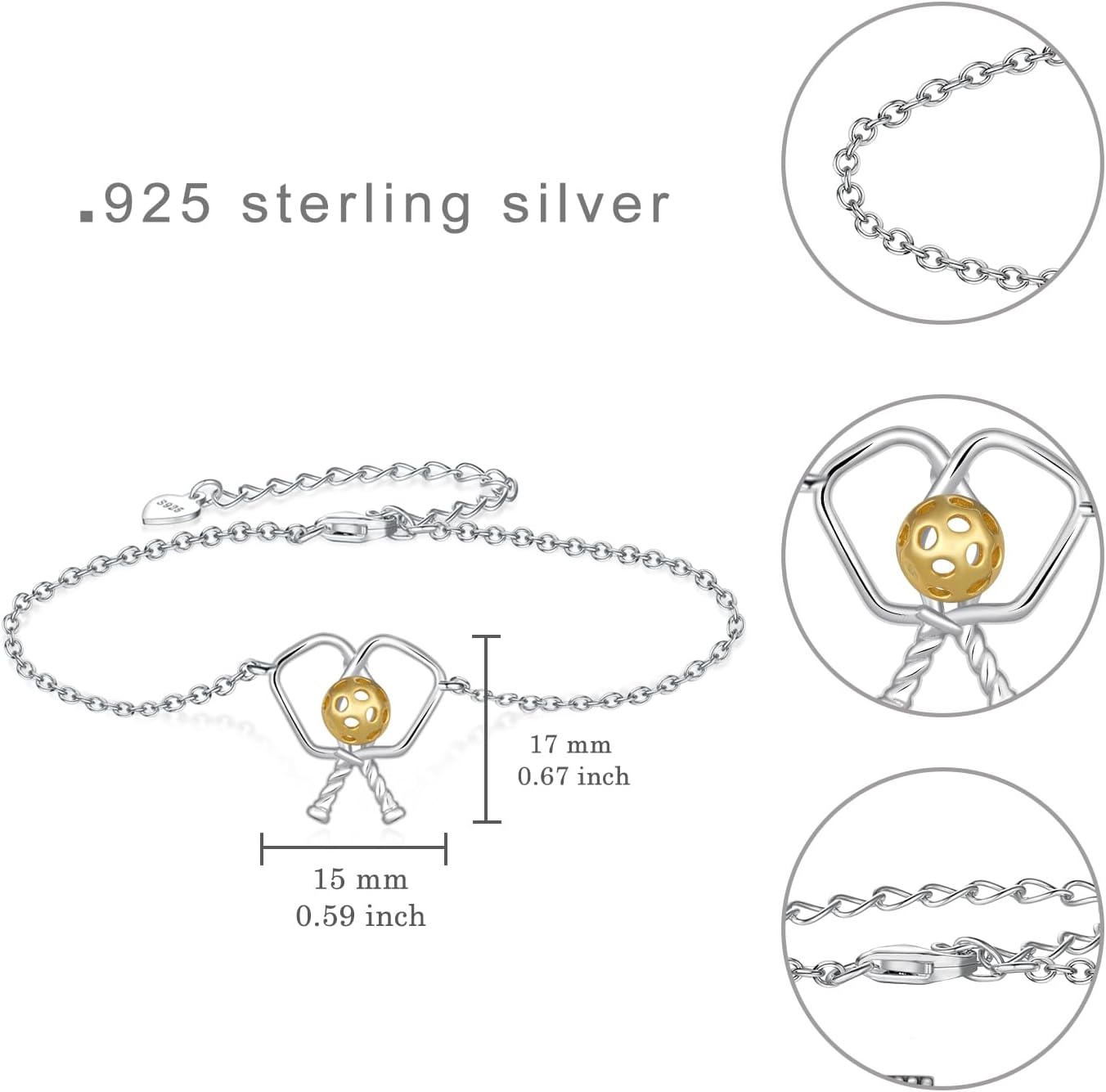 Pickleball Gifts S925 Sterling Silver Pickleball Bracelets Sports Bracelets Sports Jewelry Gifts for Women Pickleball Players Pcikleball Teams Pickleball lovers.