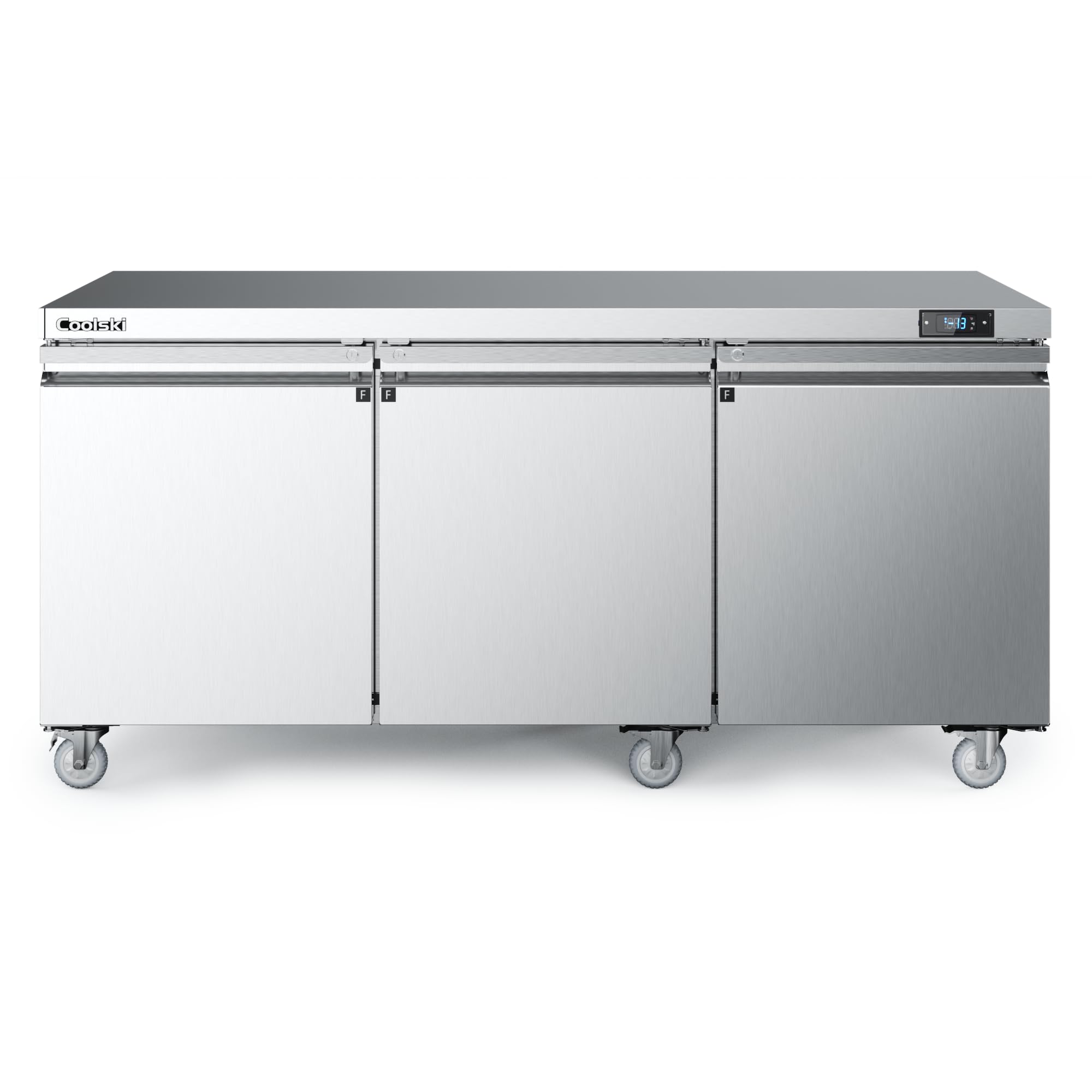 Coolski 72”W Commercial Freezer Undercounter Worktop, 20.9 Cu.ft. Stainless Steel Worktop Food Prep Freezer, -13℉to -5℉, 3 Door 3 Shelves Fridge for Restaurant/Bar/Diner/Kitchen Use