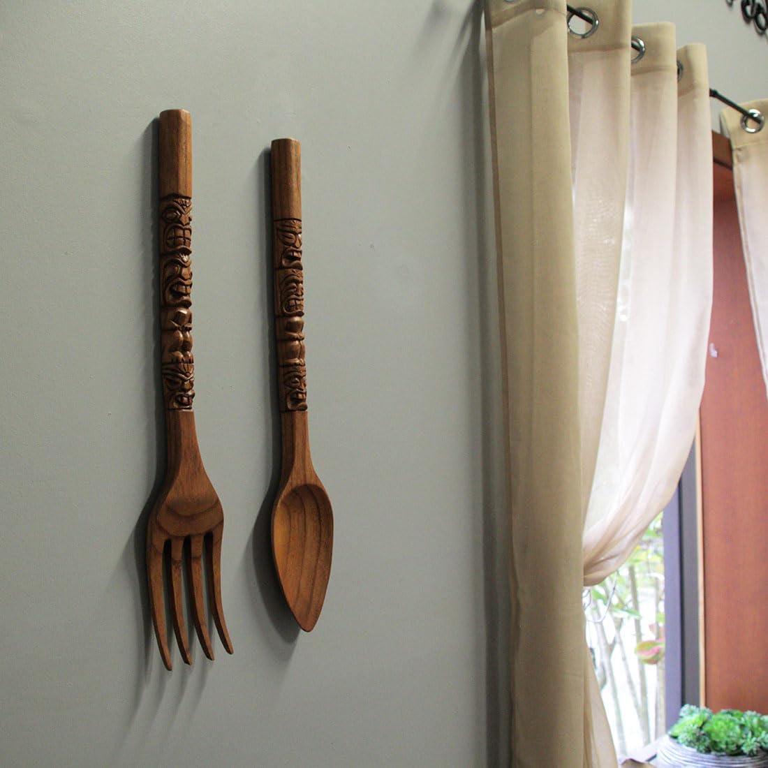 Set of 2 Carved Tiki Design Wooden Spoon & Fork Utensil Wall Sculptures in Brown Wood - Large 24-Inch Decorative Art Pieces, Perfect for Hawaii-Inspired Home Decor