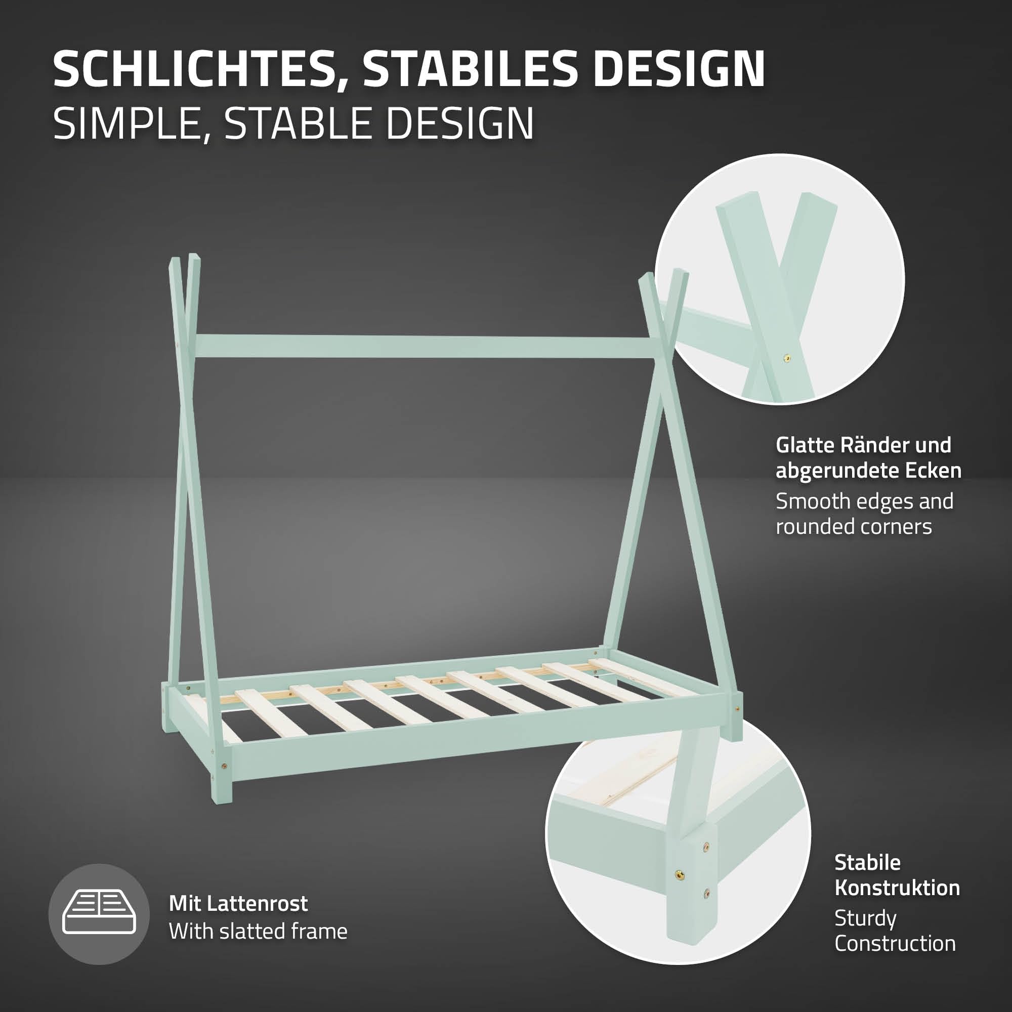 ML-Design Kinderbett Tipi 70 x 140 cm mit Lattenrost, Mint, Indianer Bett aus Massivholz, Hausbett für Mädchen und Jungen, Kinderhaus Jugendbett Holzbett Bettenhaus Spielbett Bettgestell Zelt Holz