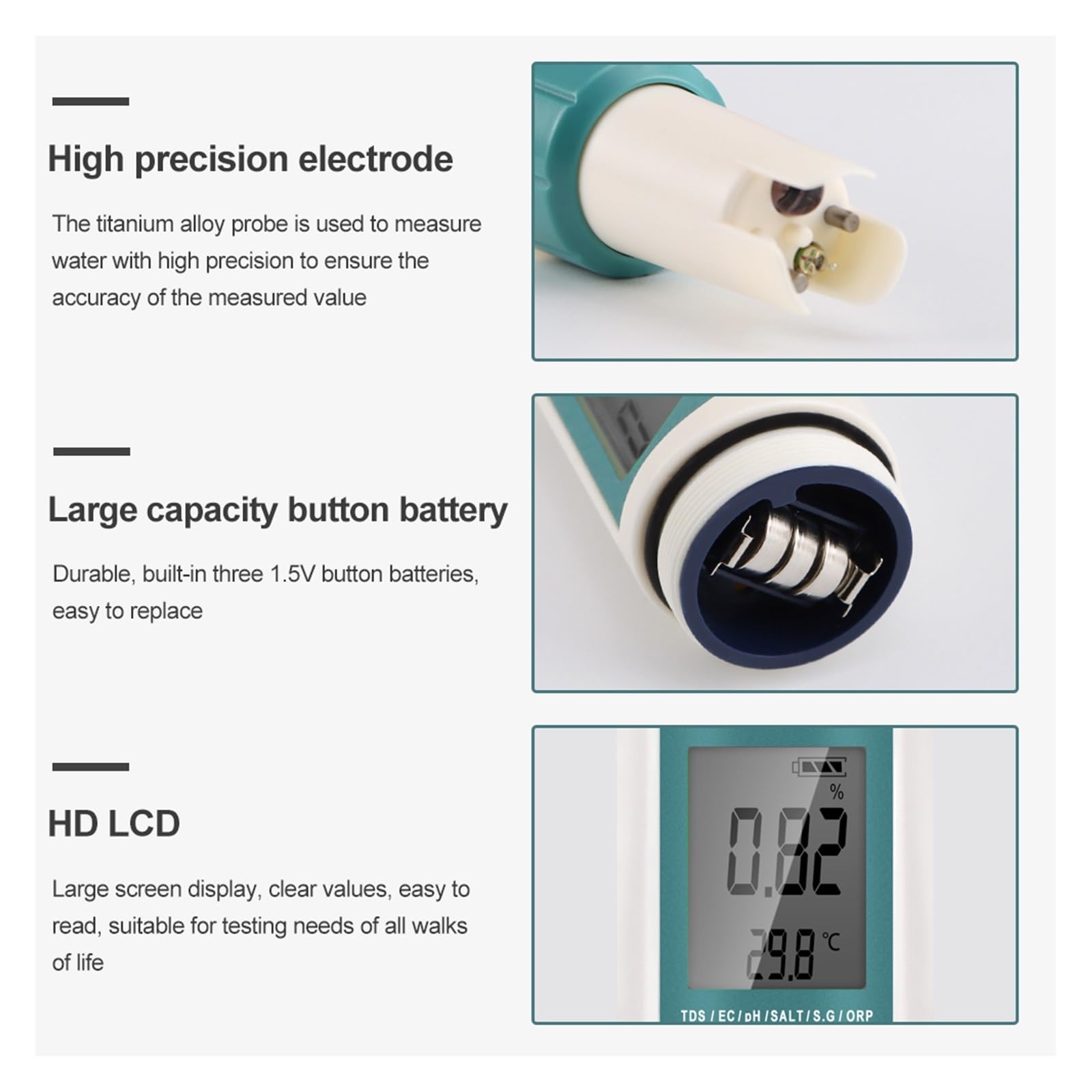 Testeur de qualité de l'eau Testeur de qualité de l'eau 7 en 1 PH/TDS/EC/ORP/salinité/SG/température PH-mètre