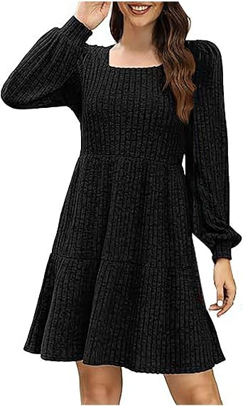 Womens Fall Sweater Dresses 2026 Long Sleeve Square Neck Ribbed Knit Dress with Pockets Casual Knee Length Dress