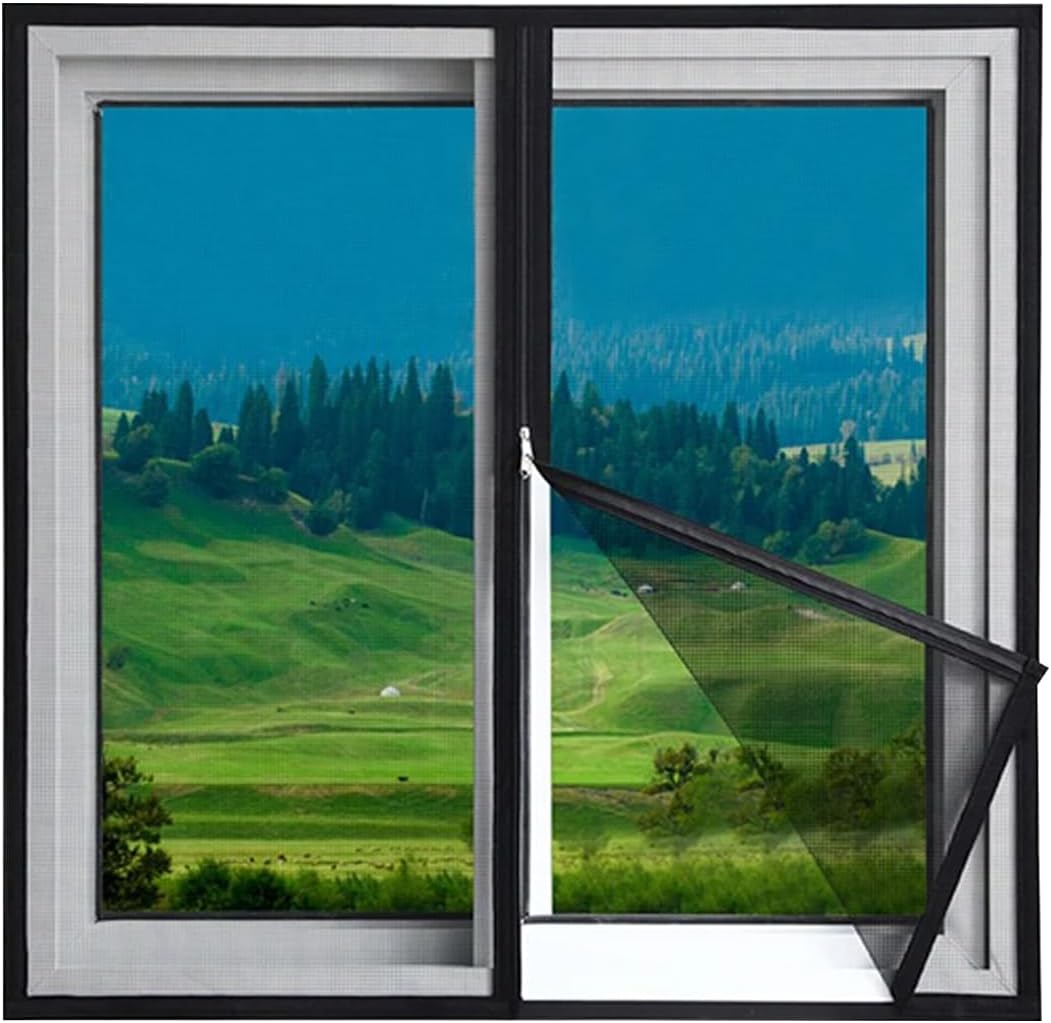 Polyester Fiber Window Screen with Hook & Loop Tape, 59" W x 70.8" H Adjustable Window Net with Zipper Opening for Summer (Black)