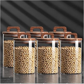 Large Airtight Glass Jar with Bamboo Spoons Lids Overnight Oats Storage Jar Cereal Nuts Salts Coffee Tea Flour Sugar Container Spice Jar 6pcs,1000ml 6pcs