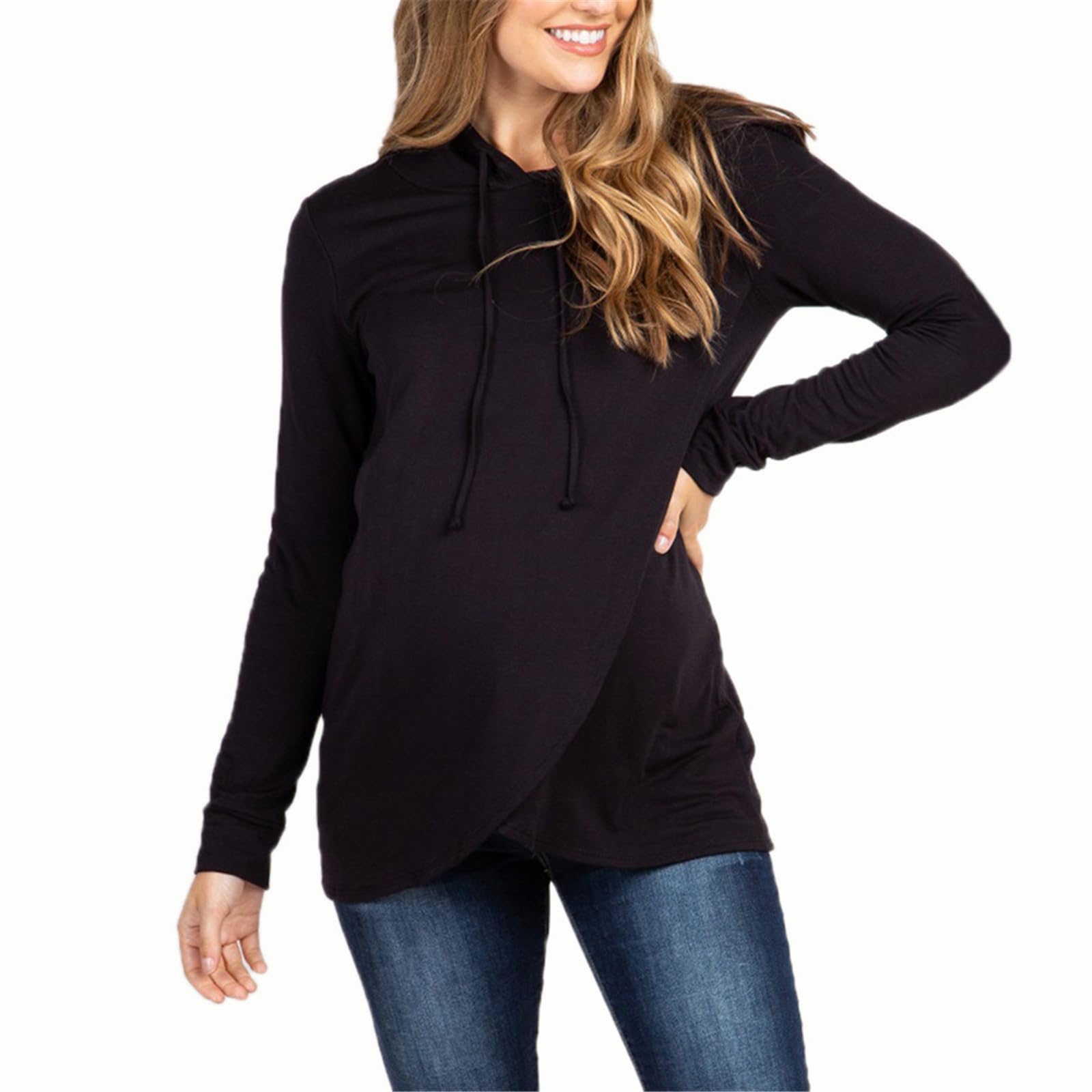 Sudadera de maternidad elástica para invierno, con capucha, tela transpirable, ajuste espacioso, ropa de embarazo, cordón ajustable, algodón y poliéster, sudadera de maternidad