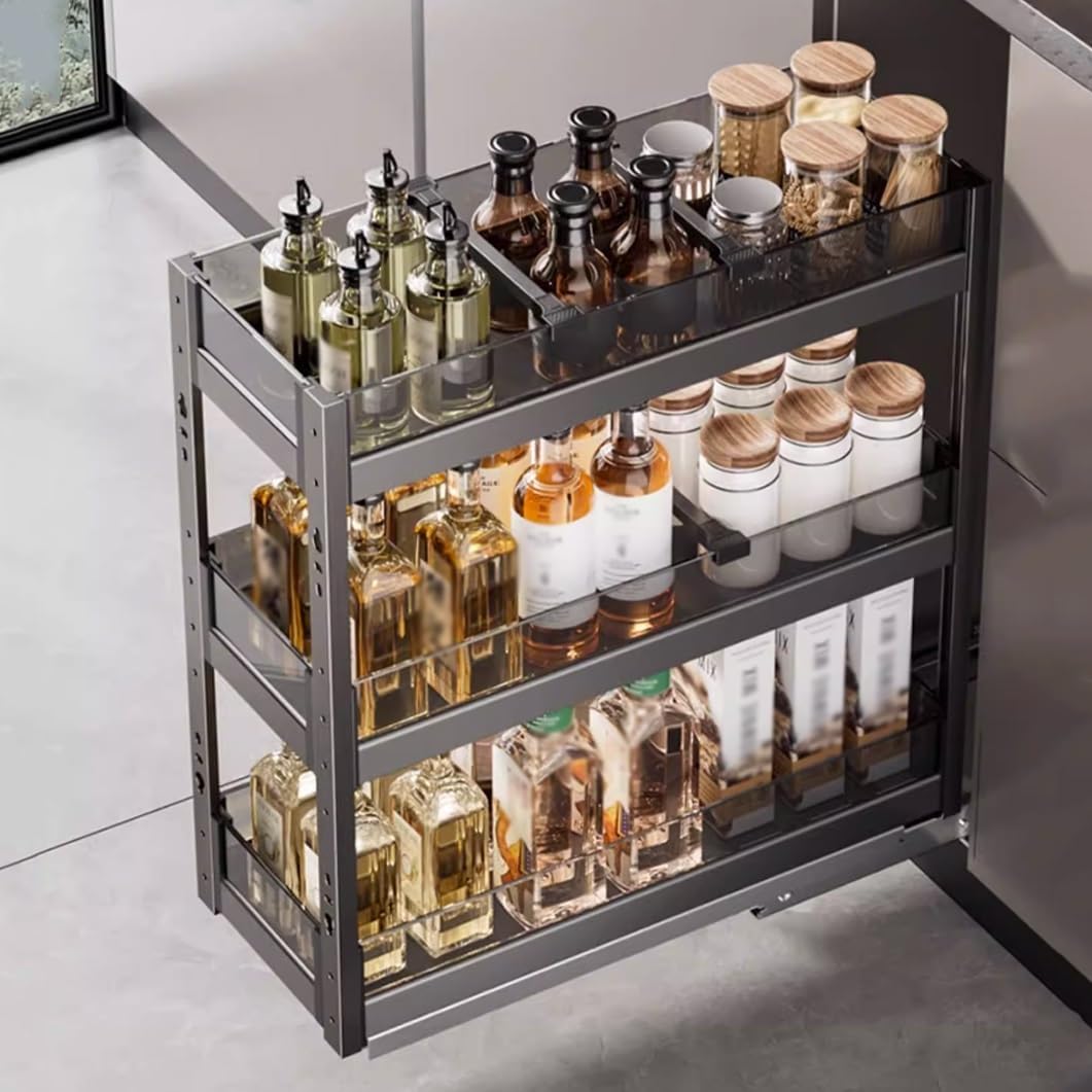 YVYKFZD 3 Tier Pull Out Cabinet Organizer, Slide Outs Kitchen Cabinet Organizers, Large Pull Out Storage Rack Shelf, Extendable Cupboard Organiser Shelf, Space Saving(Gray,200)