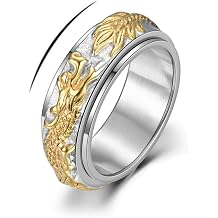 Stainless Steel Gold Dragon Spinner Fidget Rings For Men Women,Silver Rotatable Vintage Golden Dragon Signet Carved Biker Band Anxiety Ring For Men,Man Punk Motorcycle Ring Jewelry