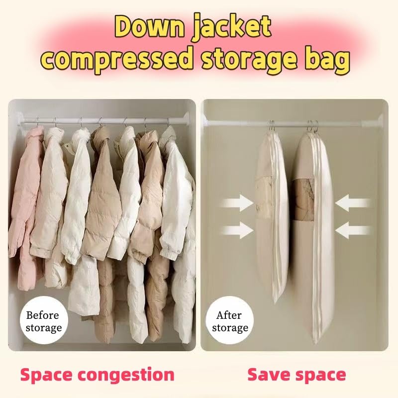 Space Saving Hanging Garment Bag with Self Compression Zipper,Space Saver Closet Organizers，Prevents creases in Clothing, dust Cover Travel Bag with Duvet Hanger(Beige (3PCS))3
