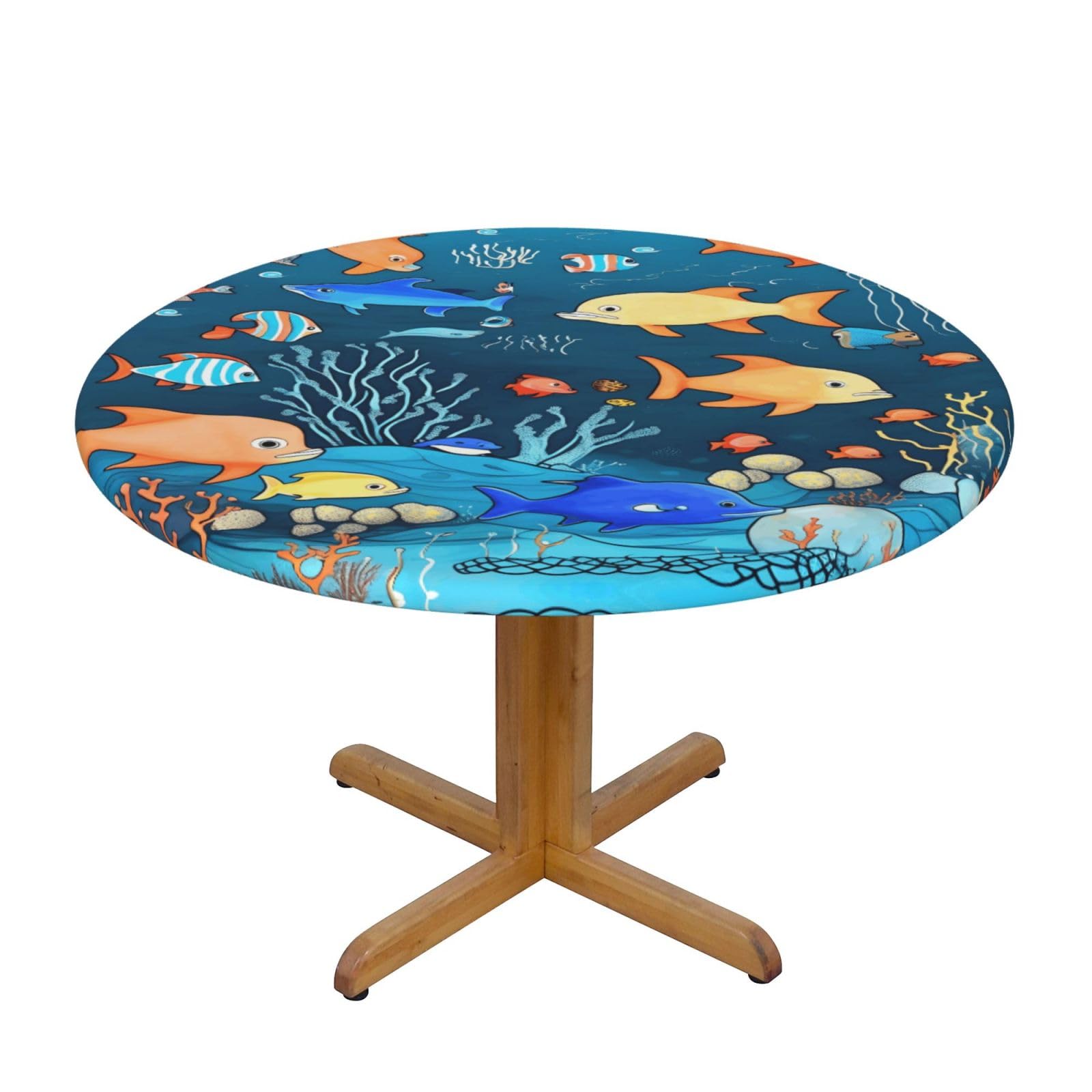 ZQYTGFDC Blue underwater world of fish S Decorative Round Tablecloth Waterproof Anti Stain Oil Proof Size for 40 50 inch