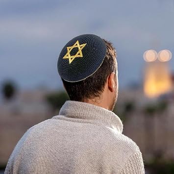 Knitted Kippah with Star of David Embroidery for Men Boys and Kids Knitted Kippot and Single Hand-knit Kippas Kipa
