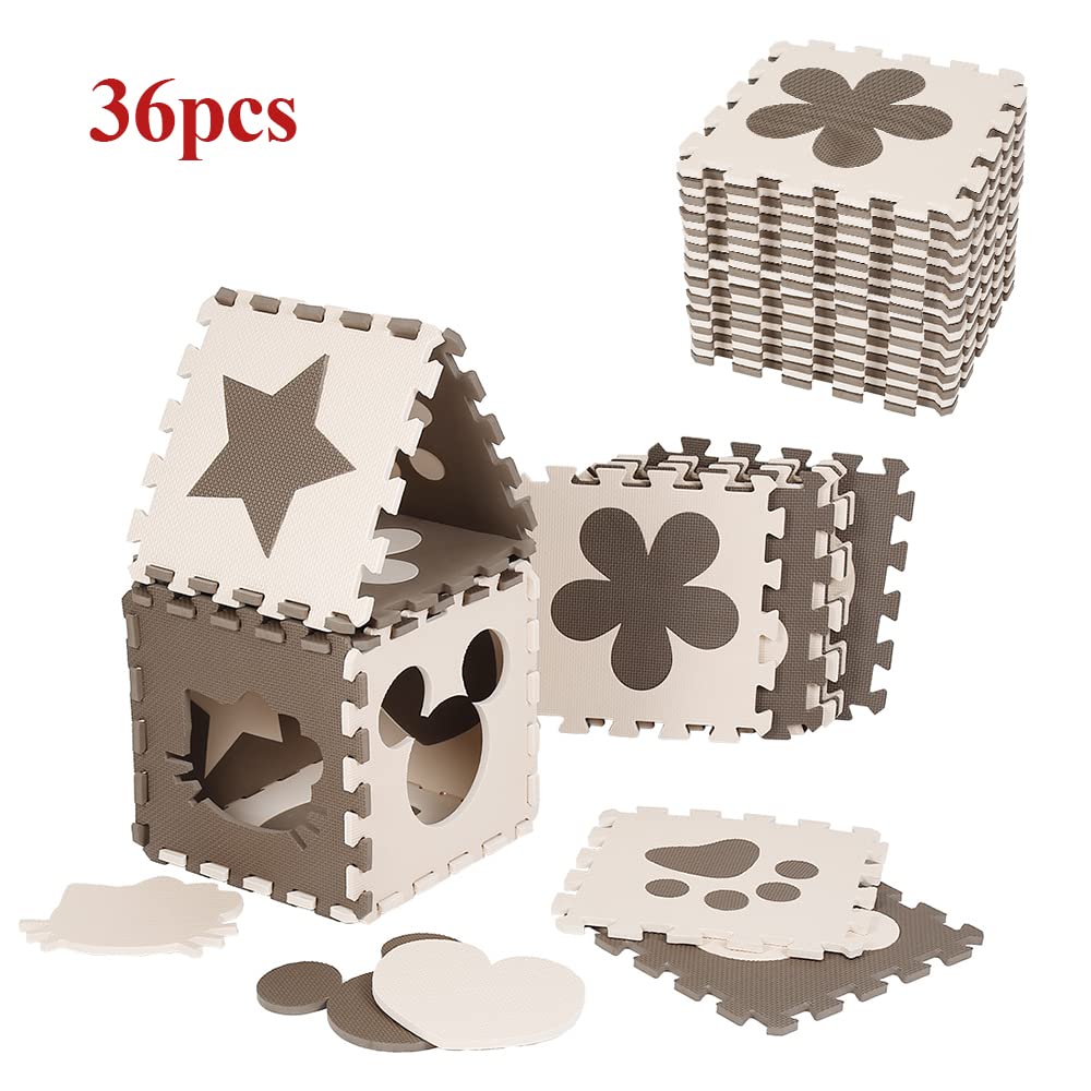 36 Tapis de Sol épais - Bébé et Enfant dès 0 Mois Dalles Puzzle Carré en Mousse EVA,avecétoiles, Fleurs, Coeurs, Chats, Coussin de Mousse de Couture, Sol de Puzzle, Tapis de bébé Anti-dérapant