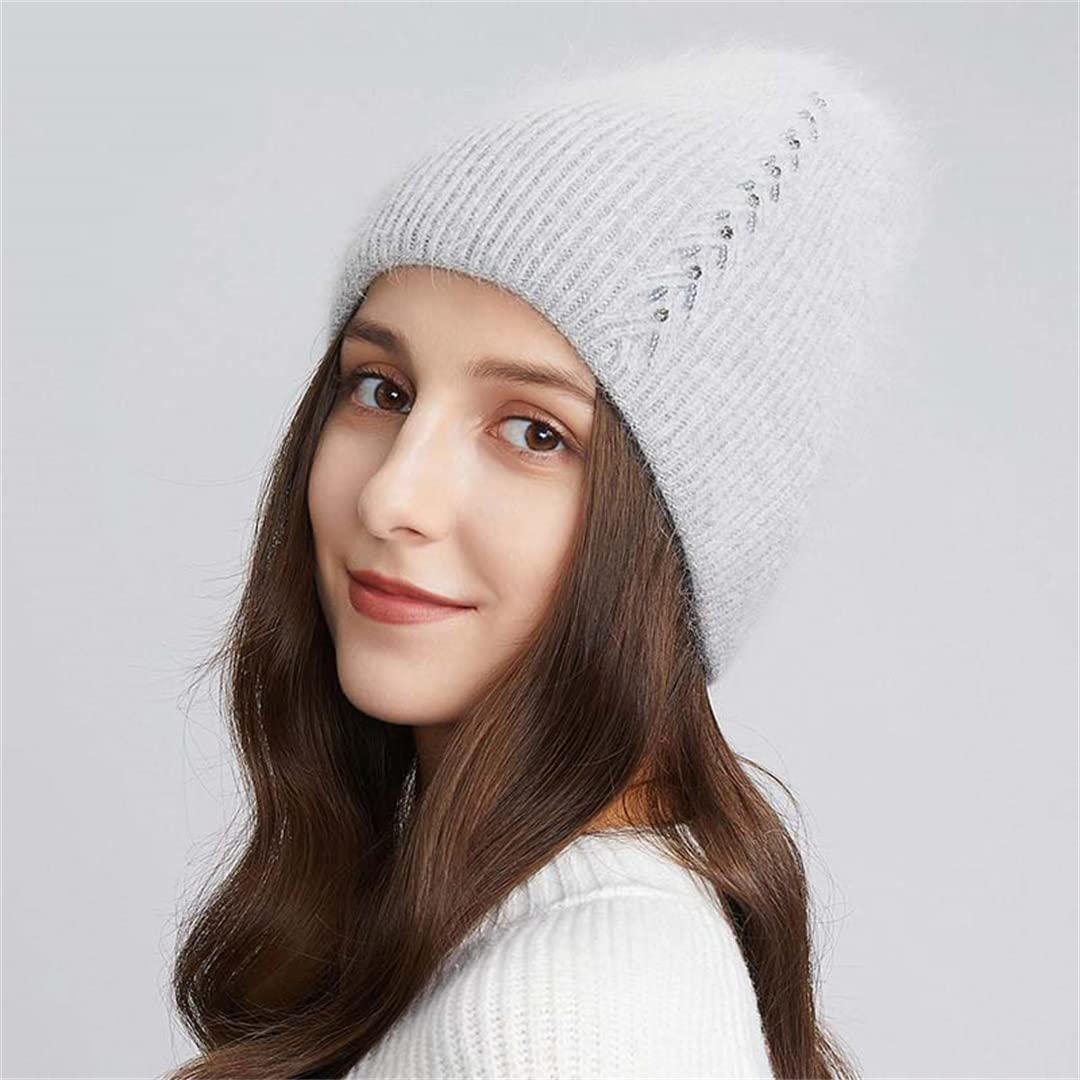 Sombreros cálidos de Invierno para Mujer, Gorros de Punto de Lana de Angora Suave para Mujer, Gorros Gruesos de Calavera de Doble Forro