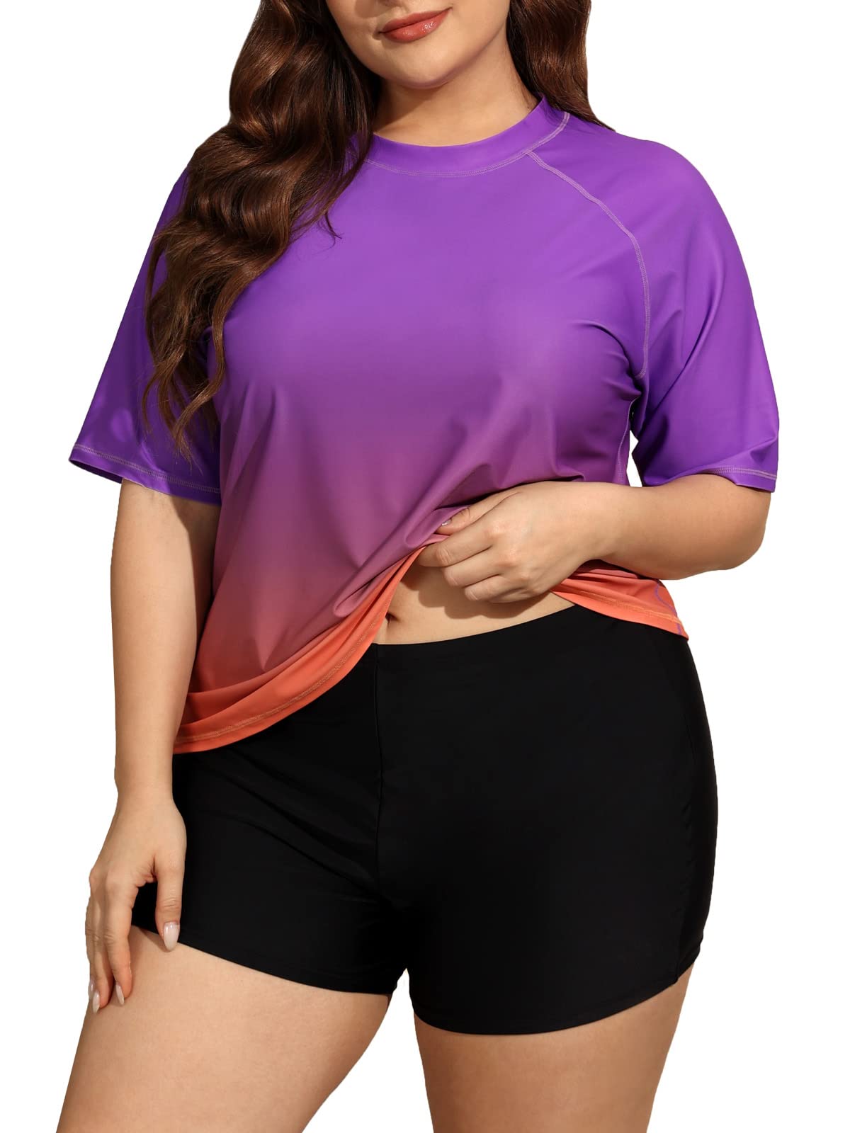 Womens Two Piece Plus Size Short Sleeve Rash Guard Sets Modest Swim Shirts Top and Shorts UPF50+ Swimsuit-image-42
