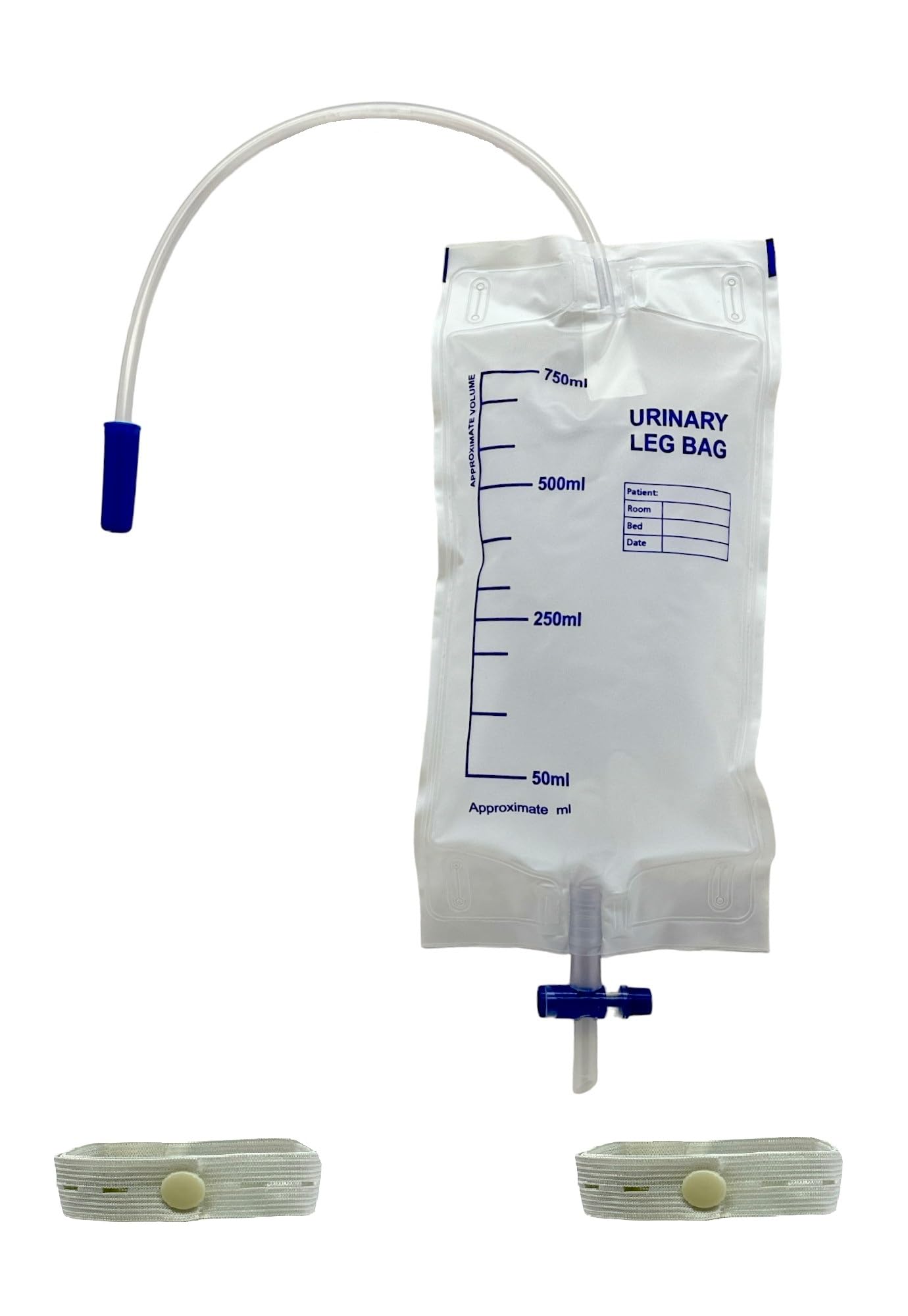 Bolsa para la recogida de orina de pierna – Desechable – Capacidad 750 ml – Tubo 35 cm – Válvula antireflujo – Desagüe en T – CE (paquete de 10 unidades)