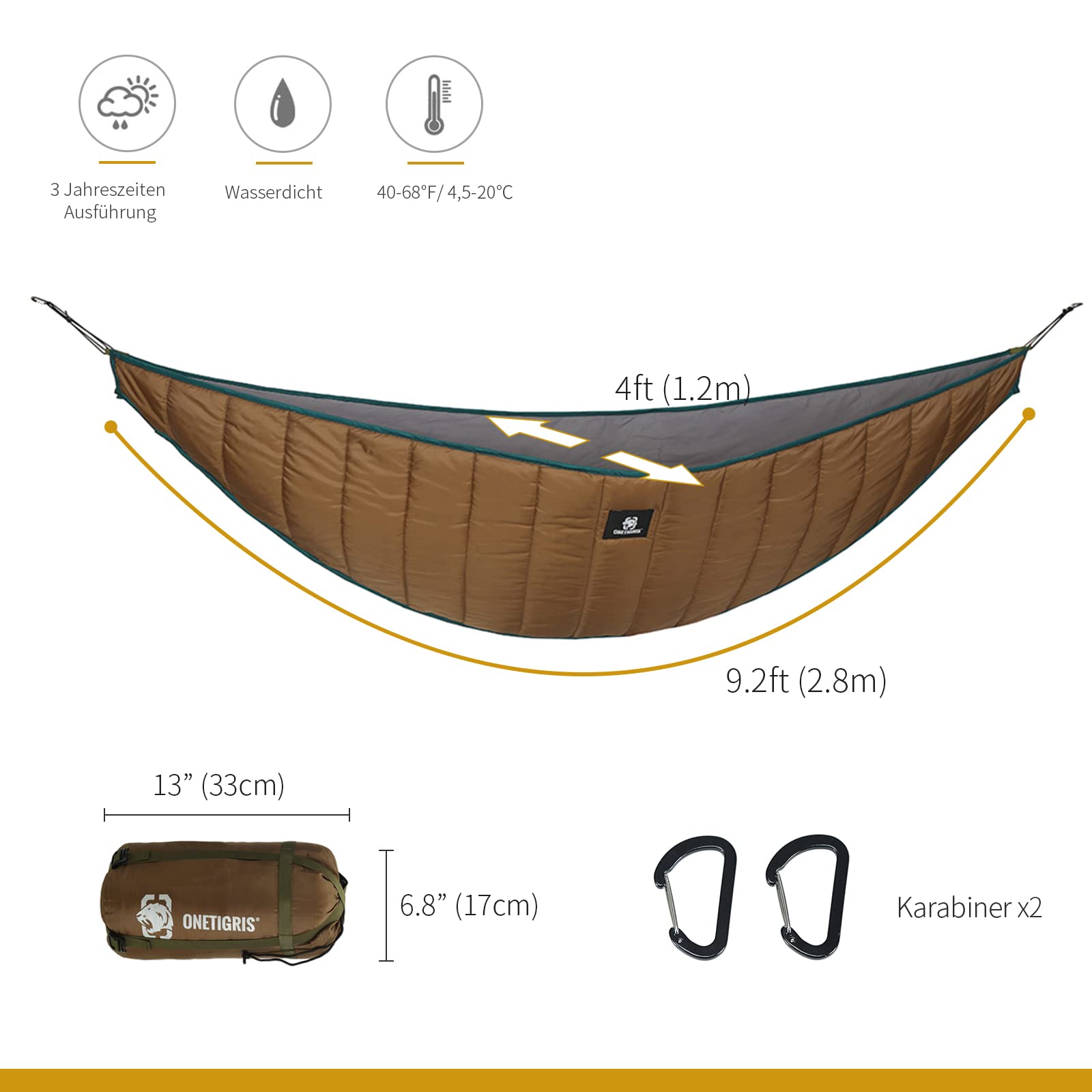 OneTigris Hamaca Underquilt Isomatto para hamacas, cubierta térmica ultraligera, senderismo, camping, 280 x 120 cm (marrón coyote)