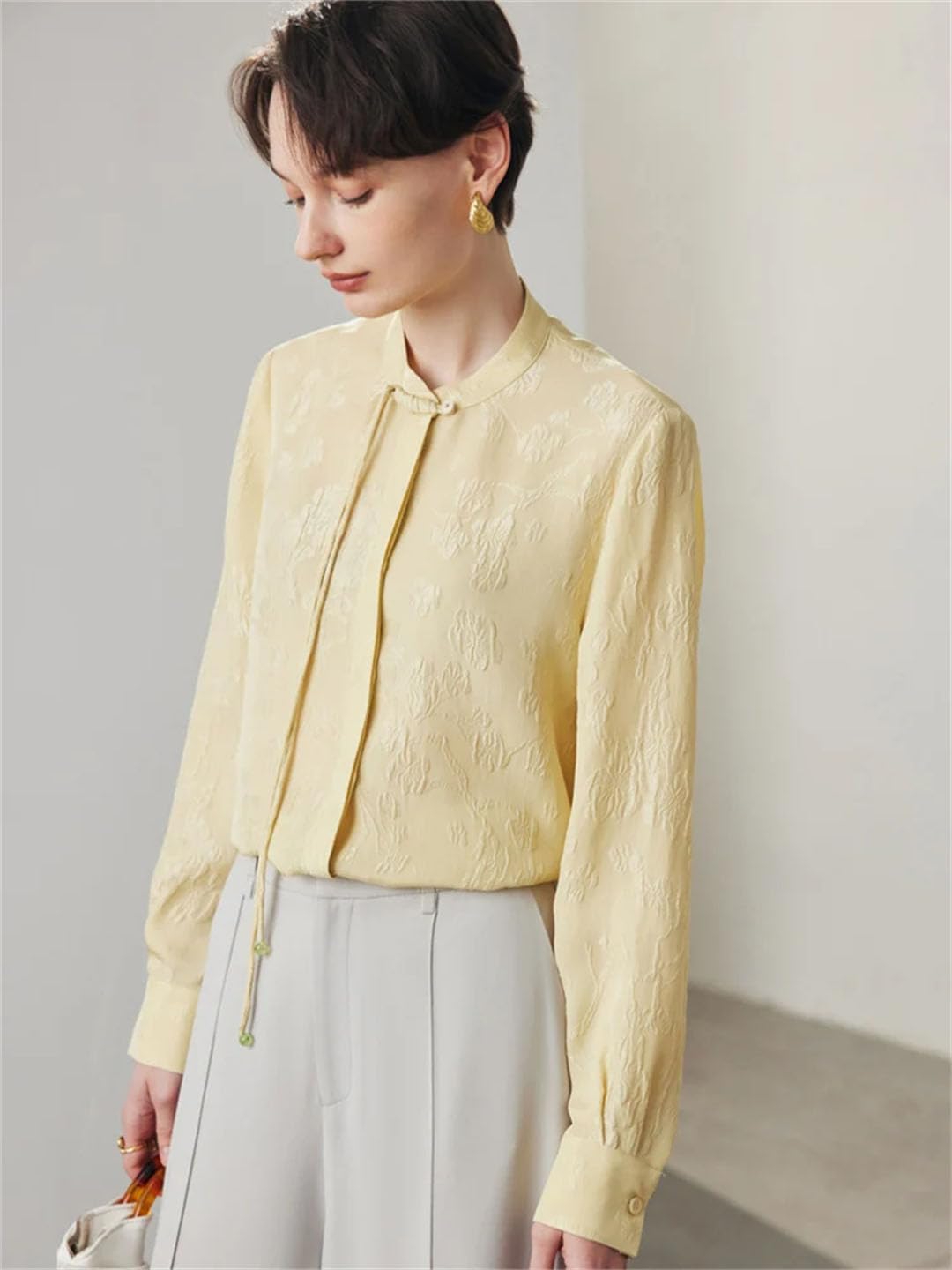 Blusas lisas para mujer, jacquard, 100 % seda, cuello alto, estilo vintage, elegante