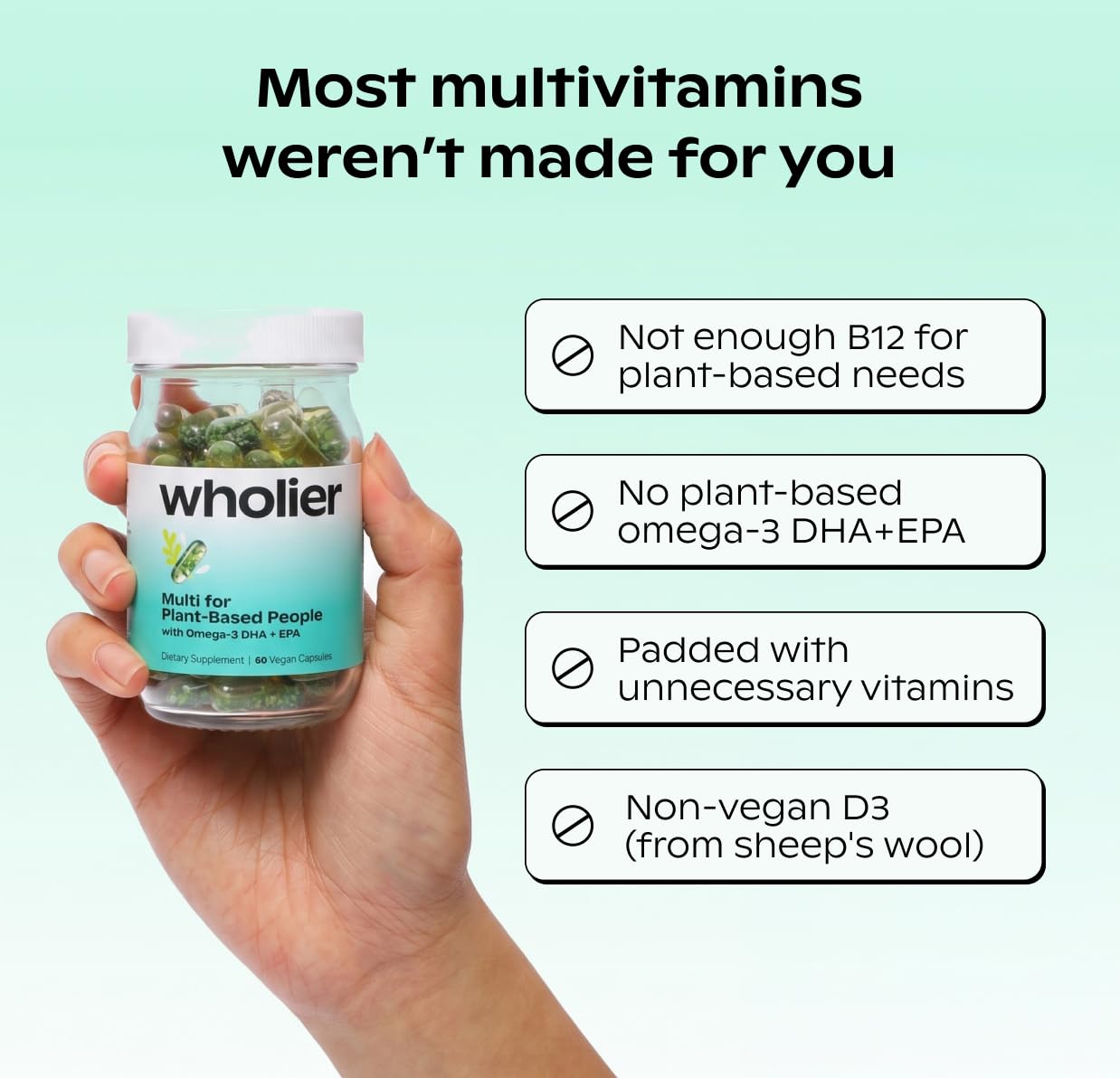 wholier Multi for Plant Based People Vegan DHA Omega 3 B12 Iron 60 Capsules — Amazon image 3