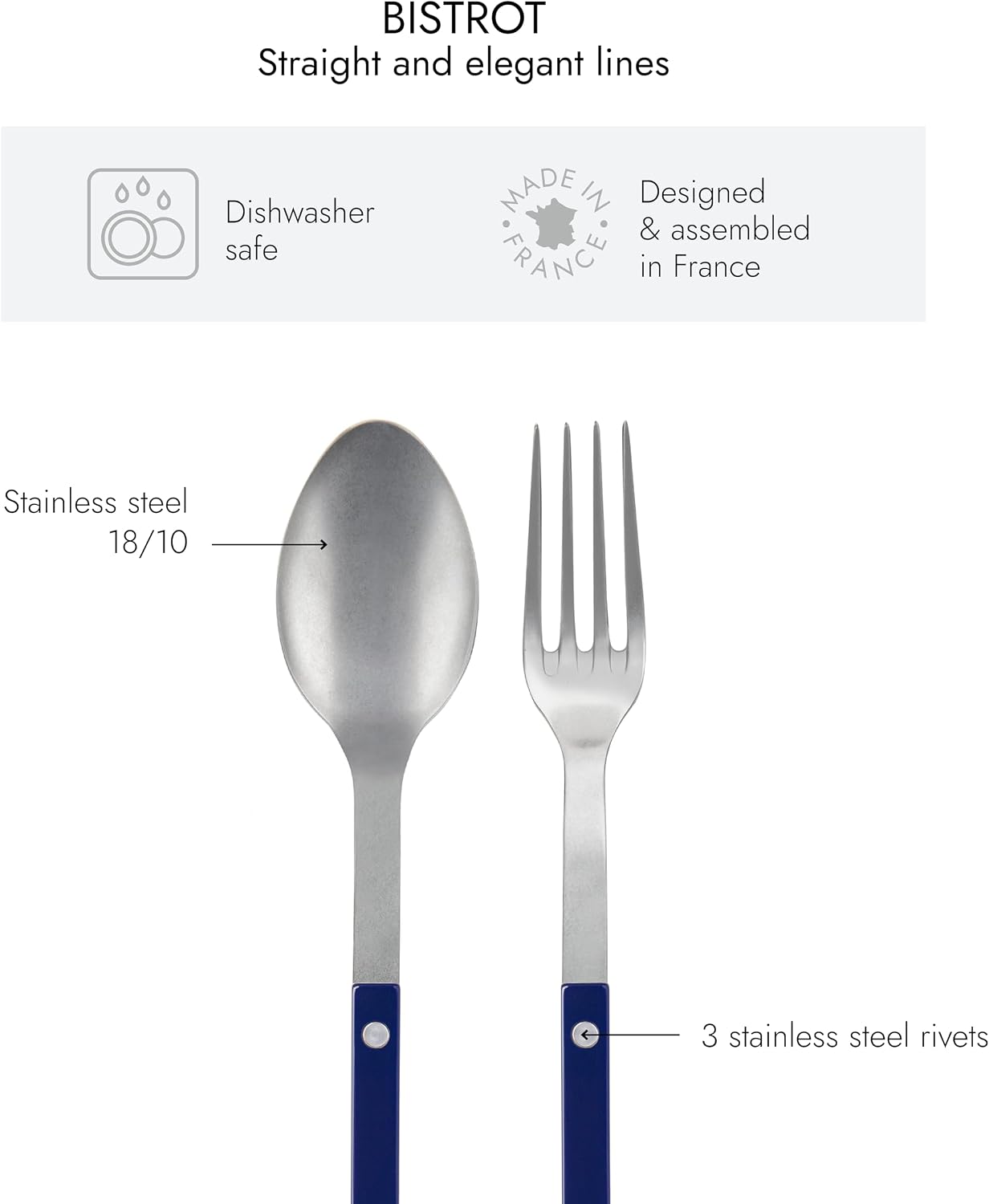 SABRE PARIS - 2-Piece Serving Set - Bistrot Vintage Collection - Large Fork & Large Spoon - Stainless Steel & Nylon - Dishwasher Safe - Navy Blue - Mat Finish