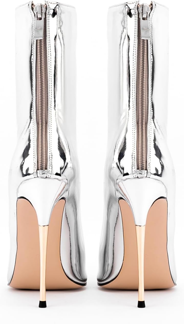 Ankle Boot Fashion Metallic Green Boots for Women Pointed Toe High Stiletto high Heel Dressy Party Shoes Back zipper Pointed toe Purple gold Silver heels