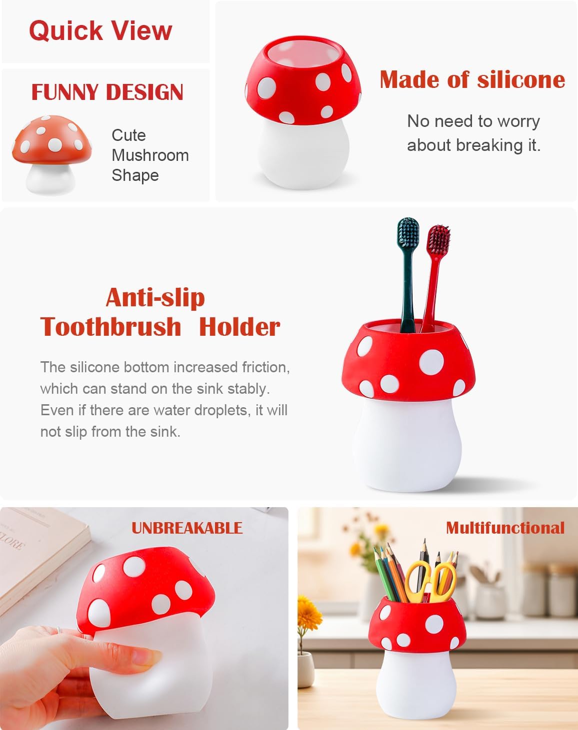 Silicone Kids Mushroom Cute and Funny Toothbrush Holder for Bathroom Decor Countertop Organizer, Unbreakable Holder for Children,Kids Gifts Pen Holder (Red)