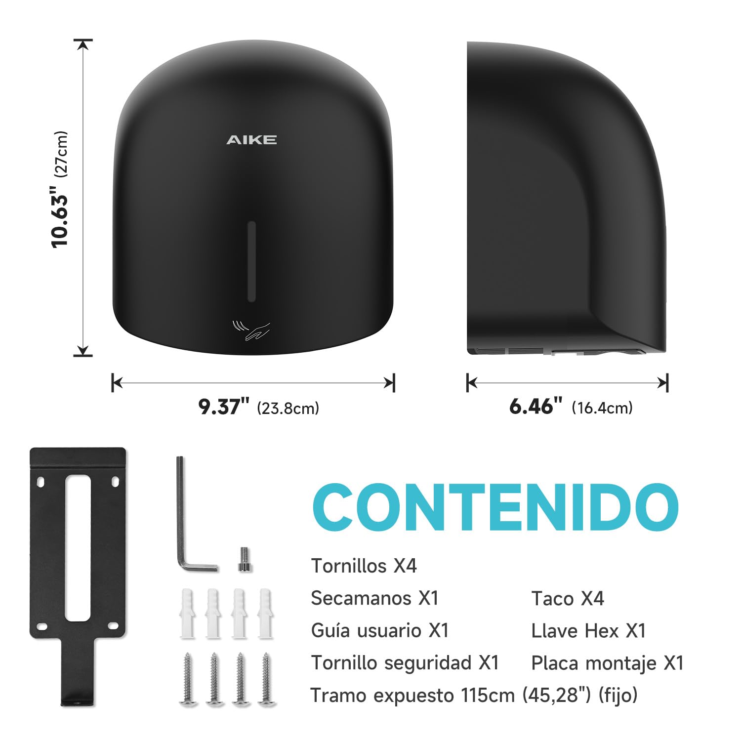AIKE GentleAir Secamanos Secador de Manos Silencioso, para Hogar & Baños, AC220V-240V, Negro Medianoche