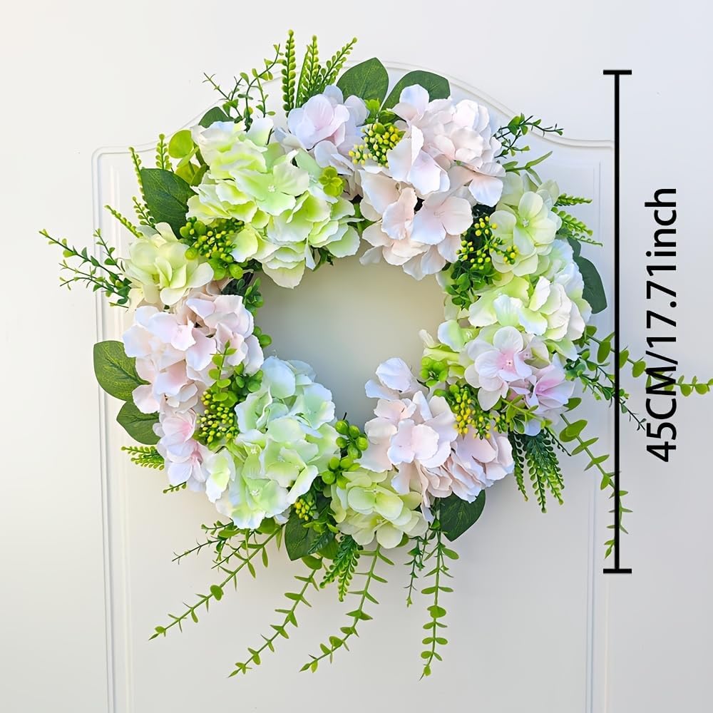 Green Hydrangea Wreath with Eucalyptus - Farmhouse Front Door Wreath, Artificial Hydrangea and Cascading Eucalyptus Swag, Year-Round Rustic Wall Porch Decor