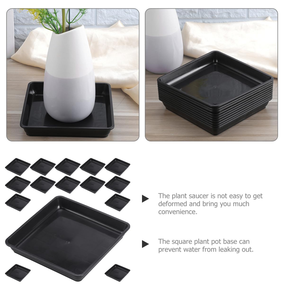 GLEAVI 15 Piezas Platillos Cuadrados para Macetas, Bandejas de Goteo de Plástico Negro 18x18 Cm, sin Agujeros para Plantas de Interior, Bandejas para Jardineras y Cuidado de Plantas