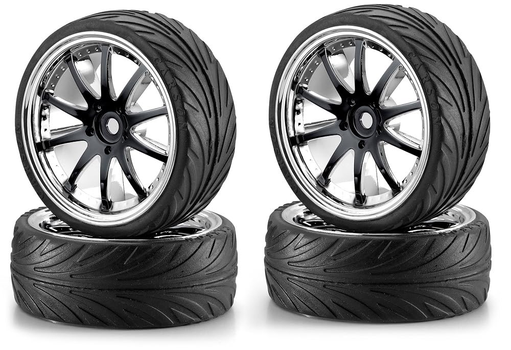 Carson 500900080-1:10 Big Wheel Set 02, 10 Spokes, Model Making Accessories, Set of 4, Black/Chrome