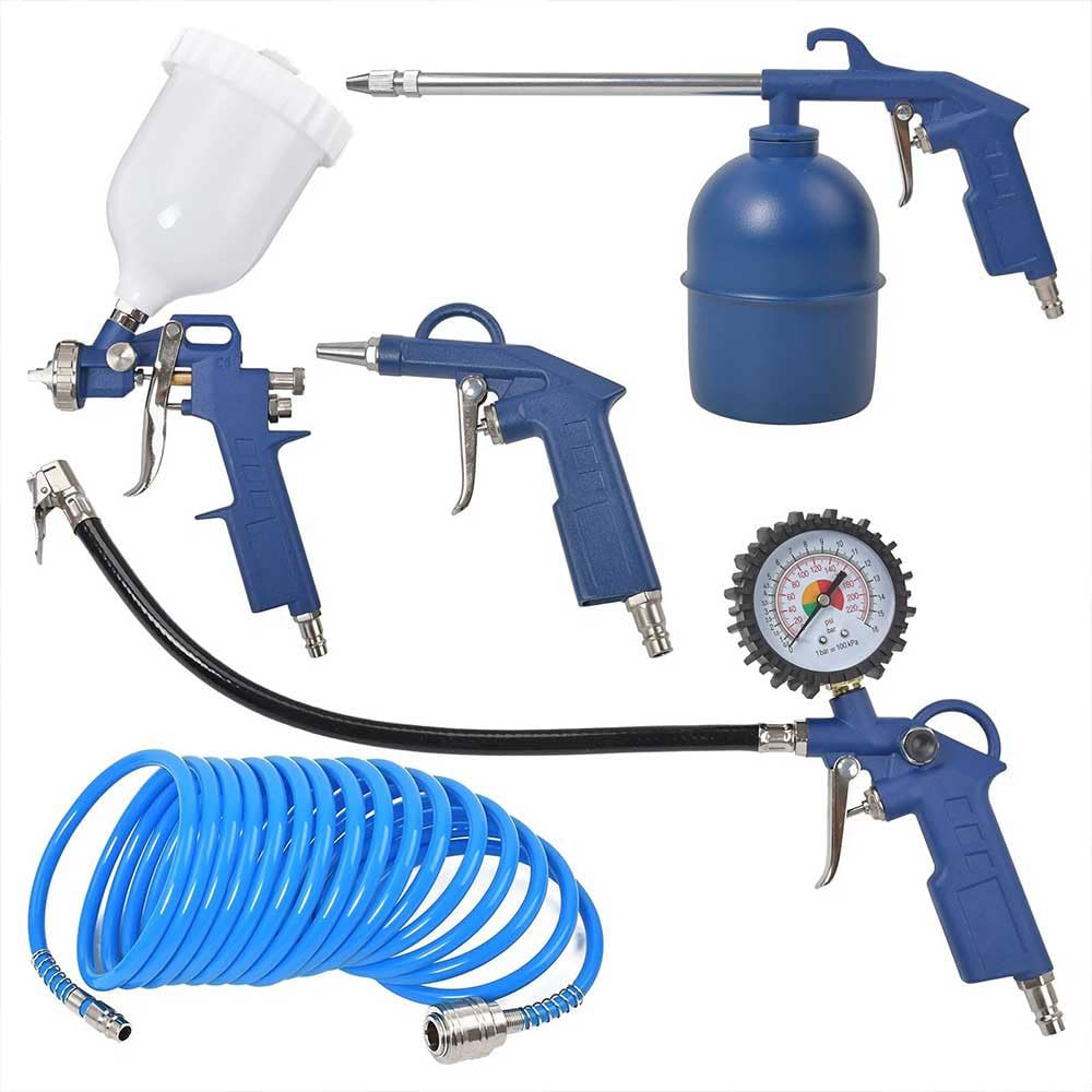 Gziztx Air Tool Kit 5Pcs Compressor Air Tool Set With Spray Gun, Blow-Out Gun, 5M Spiral Air Hose, Paraffin Sprayer, Tyre Inflator With Pressure Gauge