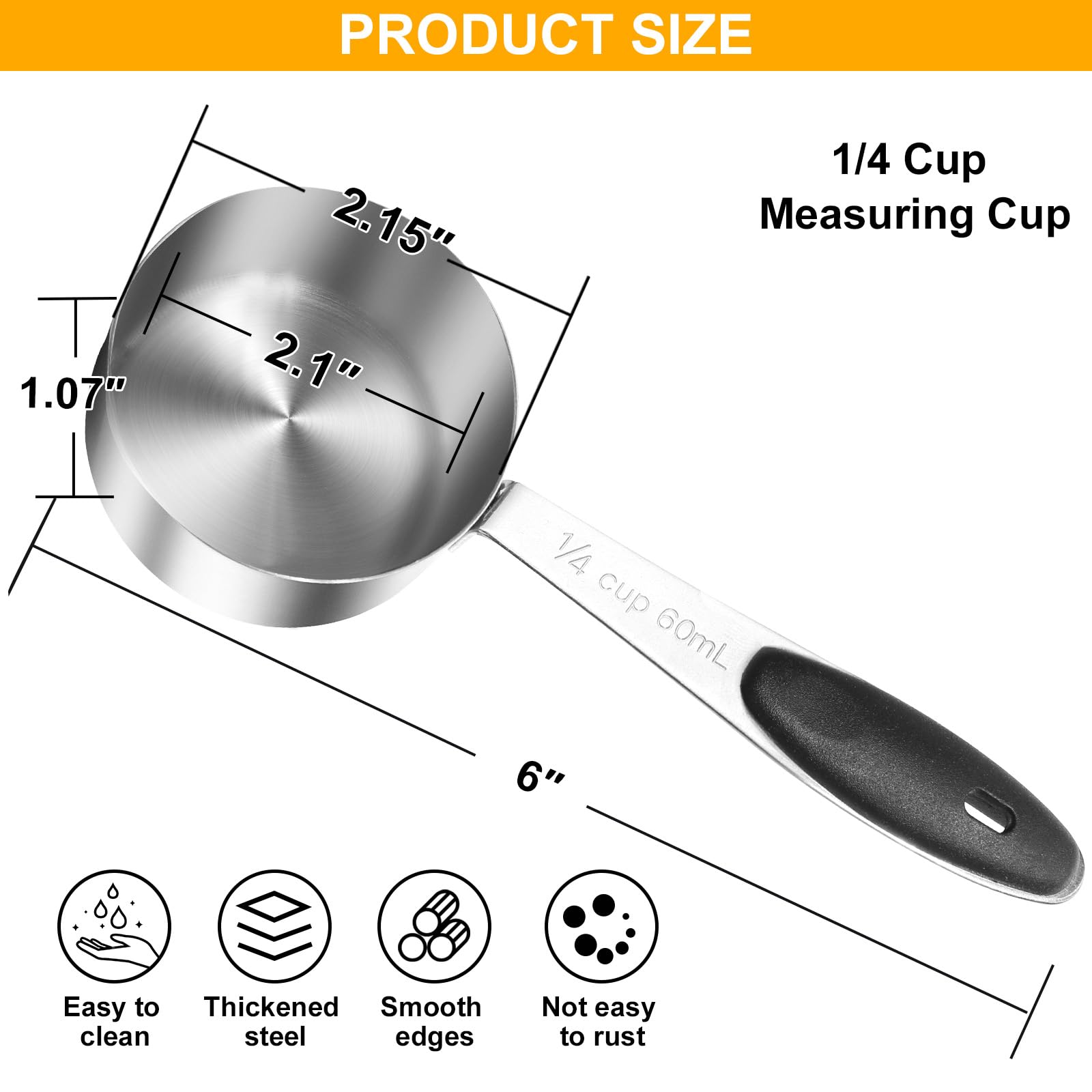 1/4 Cup Measuring Cup, Stainless Steel Cup Scoop with Black Silicone Handle, Kitchen Gadgets for Cooking, 60ML