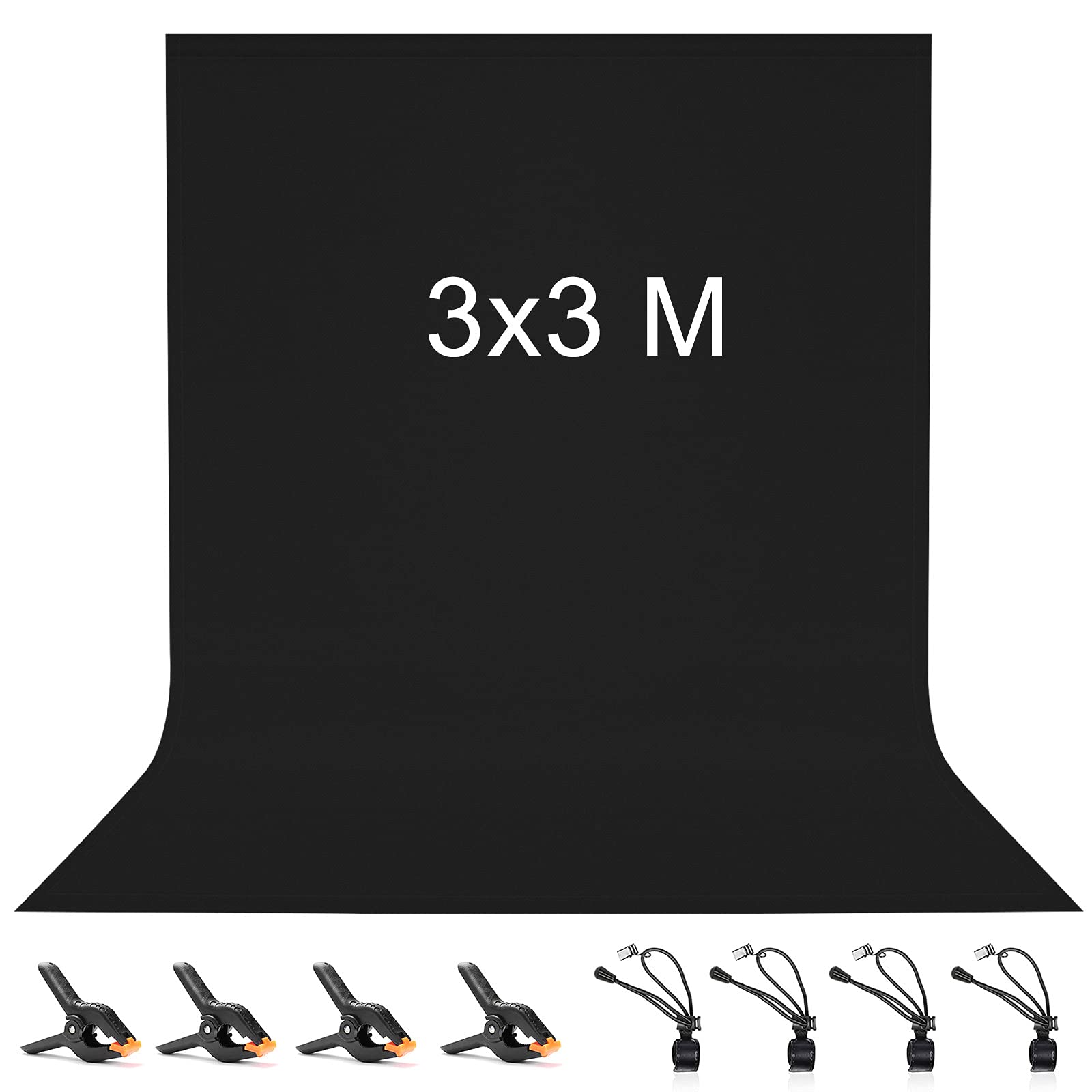 Toile de Fond Noir 3X3M avec 8 Clips Anti-Plis, Vevelux Écran Noir 100% Polyester Pliable Lavable Durable pour Photographie, Vidéo, Camera, Photo, Prise de Vue Vidéo