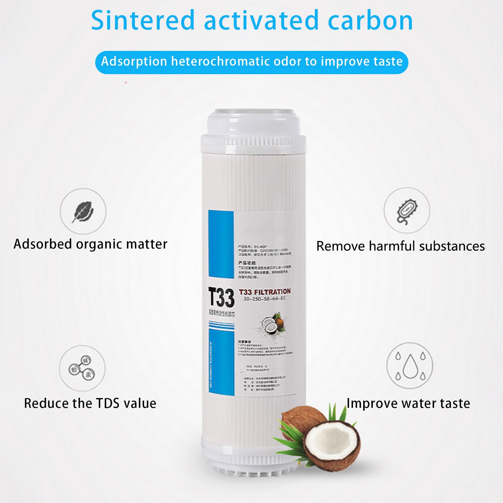 Cartuccia filtro acqua 3 pezzi, Carbone attivo guscio cocco GAC ad alto valore di iodio, Set universale T33 per sistema osmosi inversa sottolavello